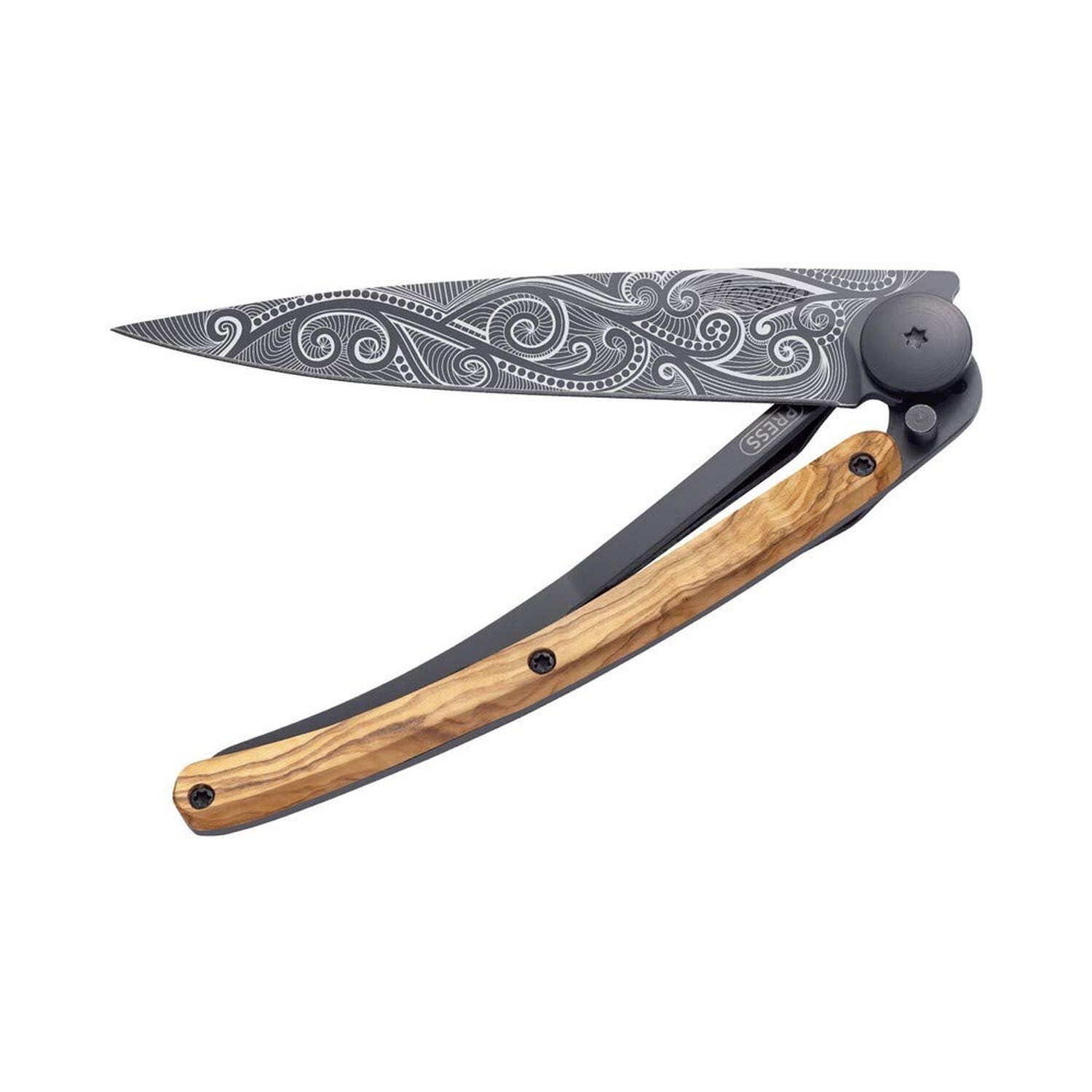 deejo - Serrated 1.3 OZ, Olive Wood, Black Titanium, Pacific - Ultra-Light Po...