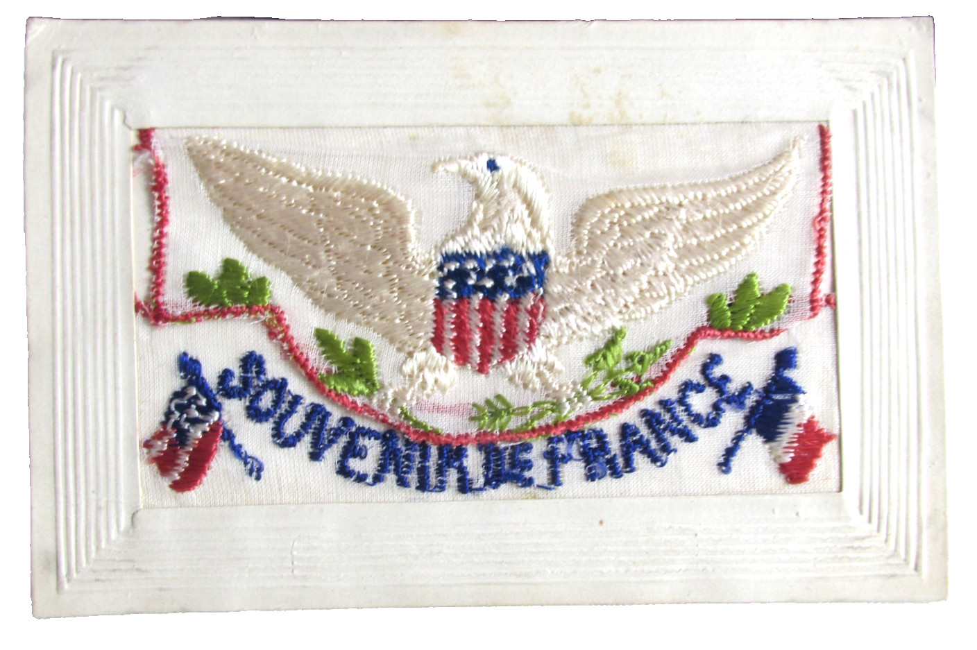 1918-19 WWI Souvenir of France SILK USA EAGLE SHIELD AND FLAGS Postcard, French