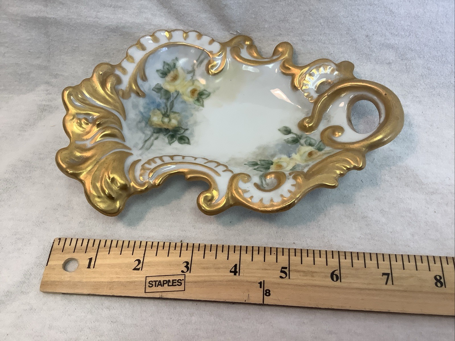 VINTAGE GILDED PORCELAIN DISH WITH HANDPAINTED FLOWERS 7”