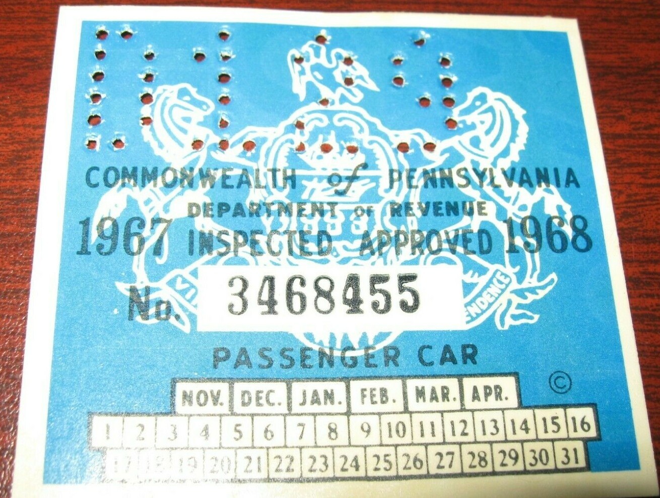 Vintage Original 1967 - 1968 PA Pennsylvania Inspection Sticker Old Antique Car