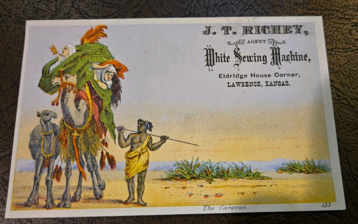 1880s J.T. Rigby White Sewing Machine Trade Card Lawrence Kansas Caravan
