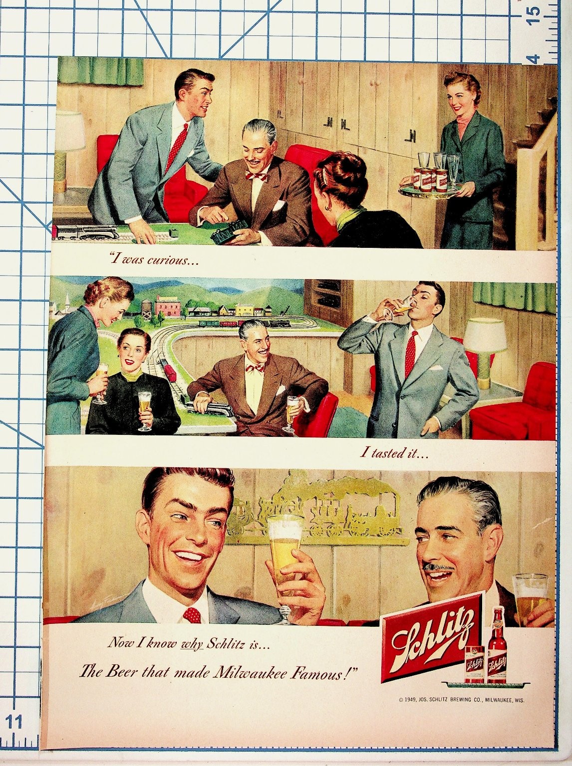 1949 Schlitz Beer Ad Vintage Print Milwaukee Famous Model Train Party Ephemera