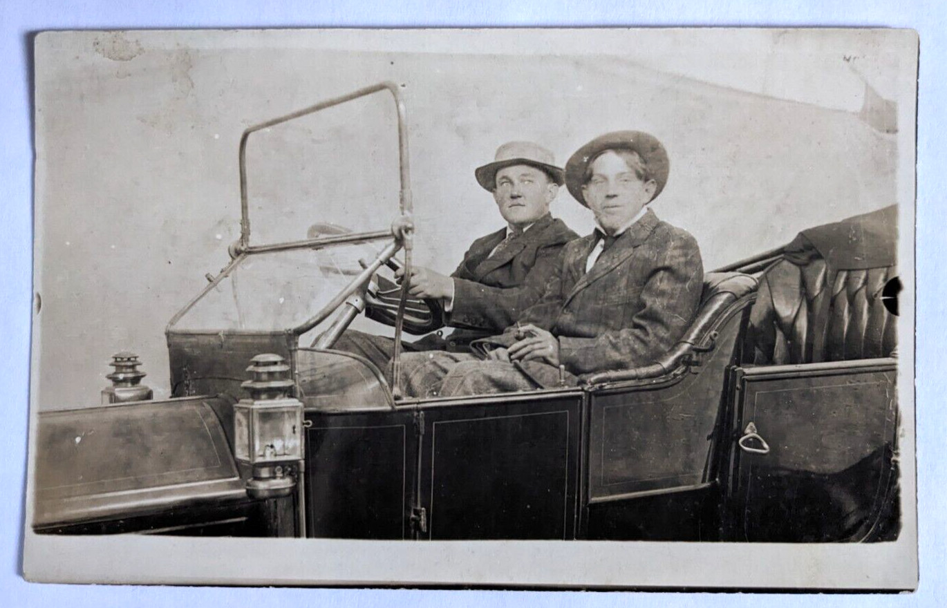 Two Young Men Posed in an Antique Car Automobile AZO RPPC Postcard Gay Interest
