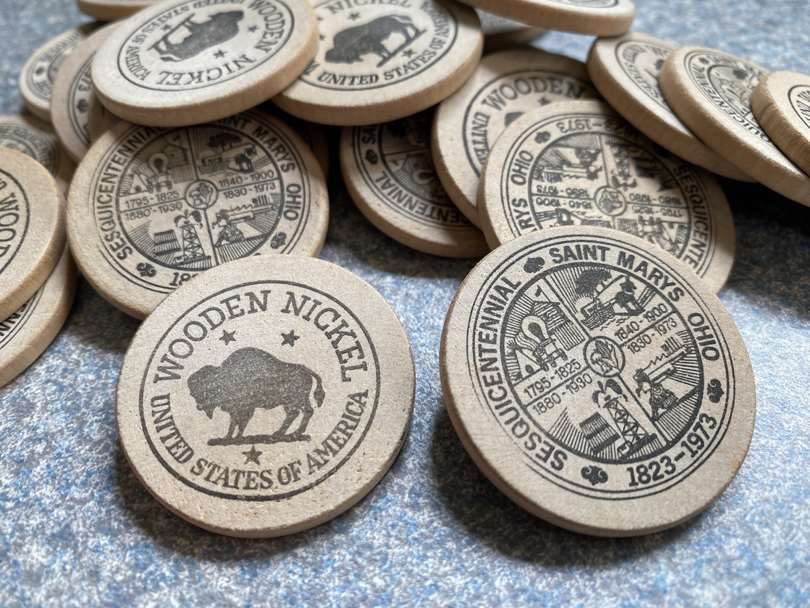 29 Vtg Wooden Buffalo Nickel Saint Mary’s Ohio Sesquicentennial 1823 - 1973