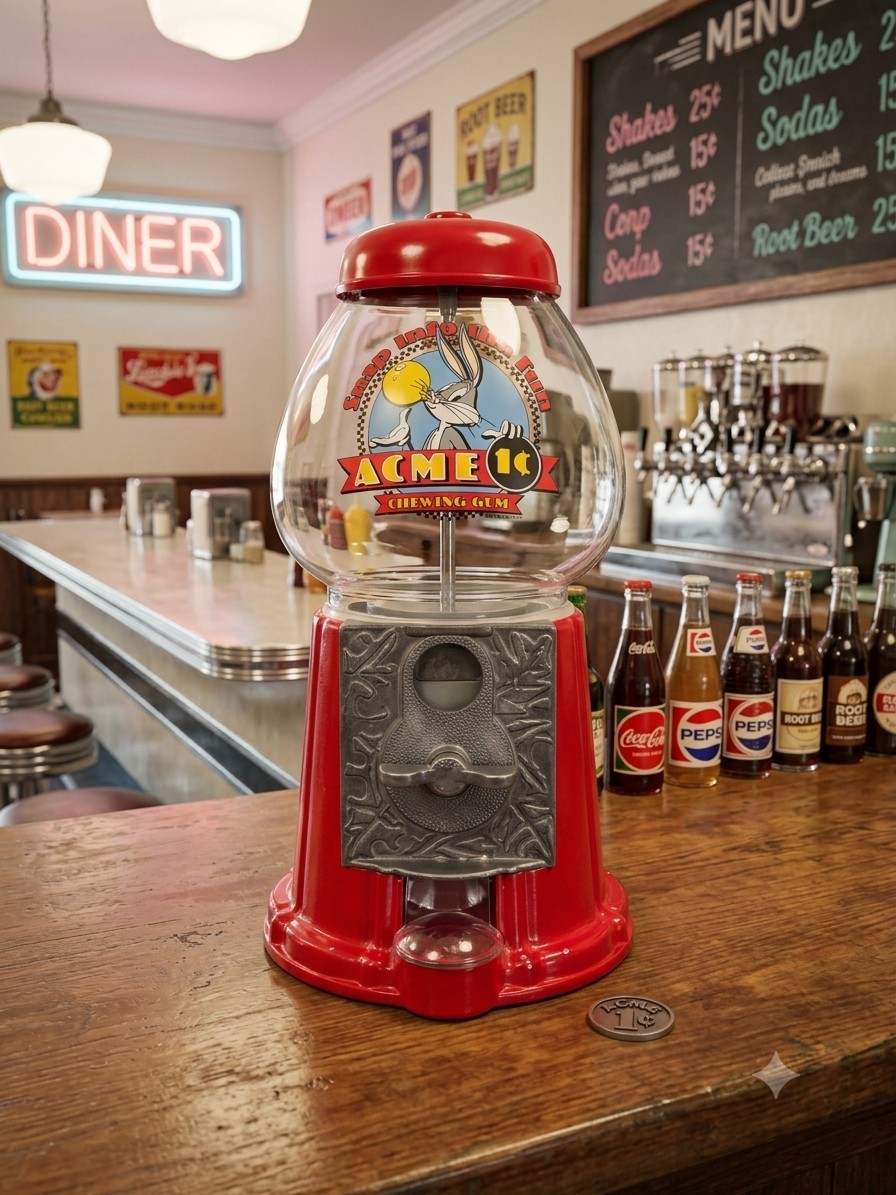 Vintage 1993 Bugs Bunny ACME Gumball Machine Red Cast Metal Glass Looney Tunes Vintage 1993 Bugs Bunny ACME Gumball Machine Red Cast Metal Glass Looney Tunes