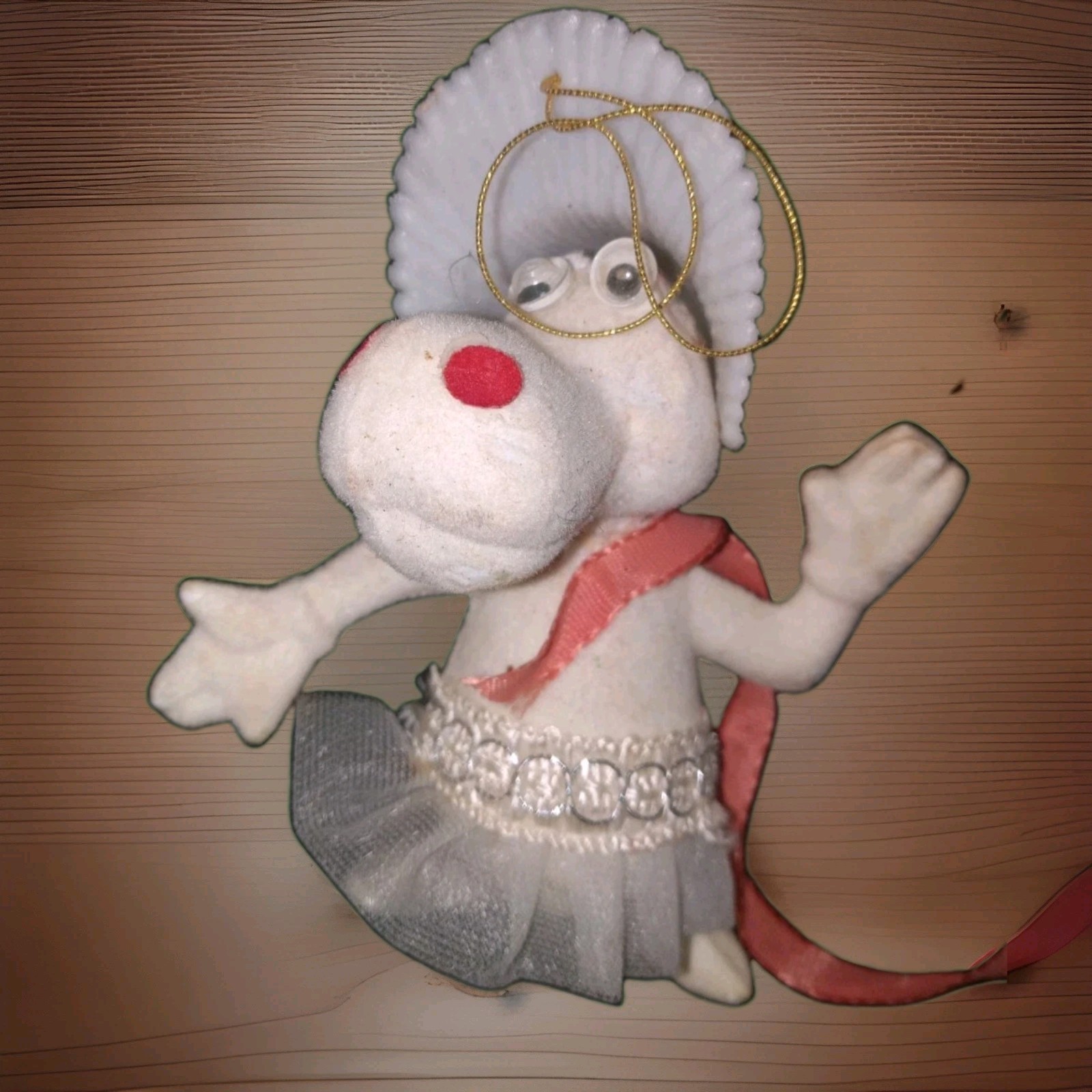 Vtg Flocked Ballerina Hippo Christmas Ornament Googly Eyes Kitsch Fuzzy Grandma