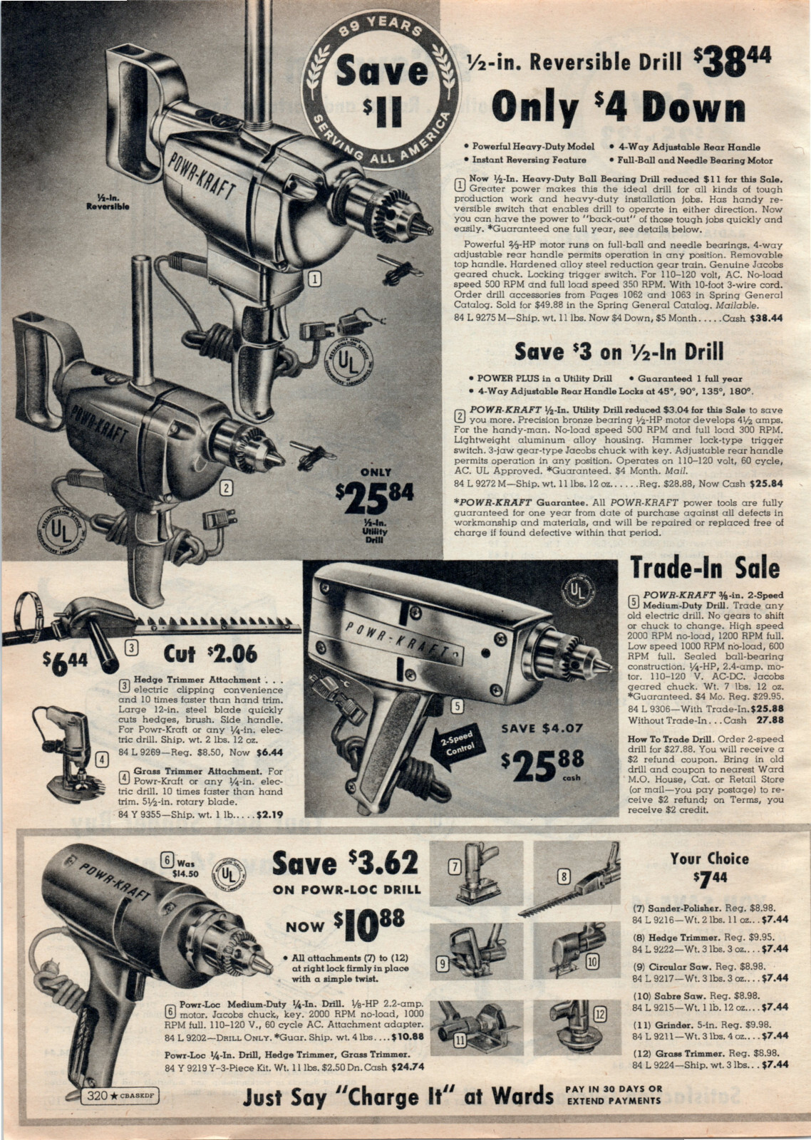1961 Powr-Kraft  Electric Reversible Drill Wards Vtg Tool Print Advertisement