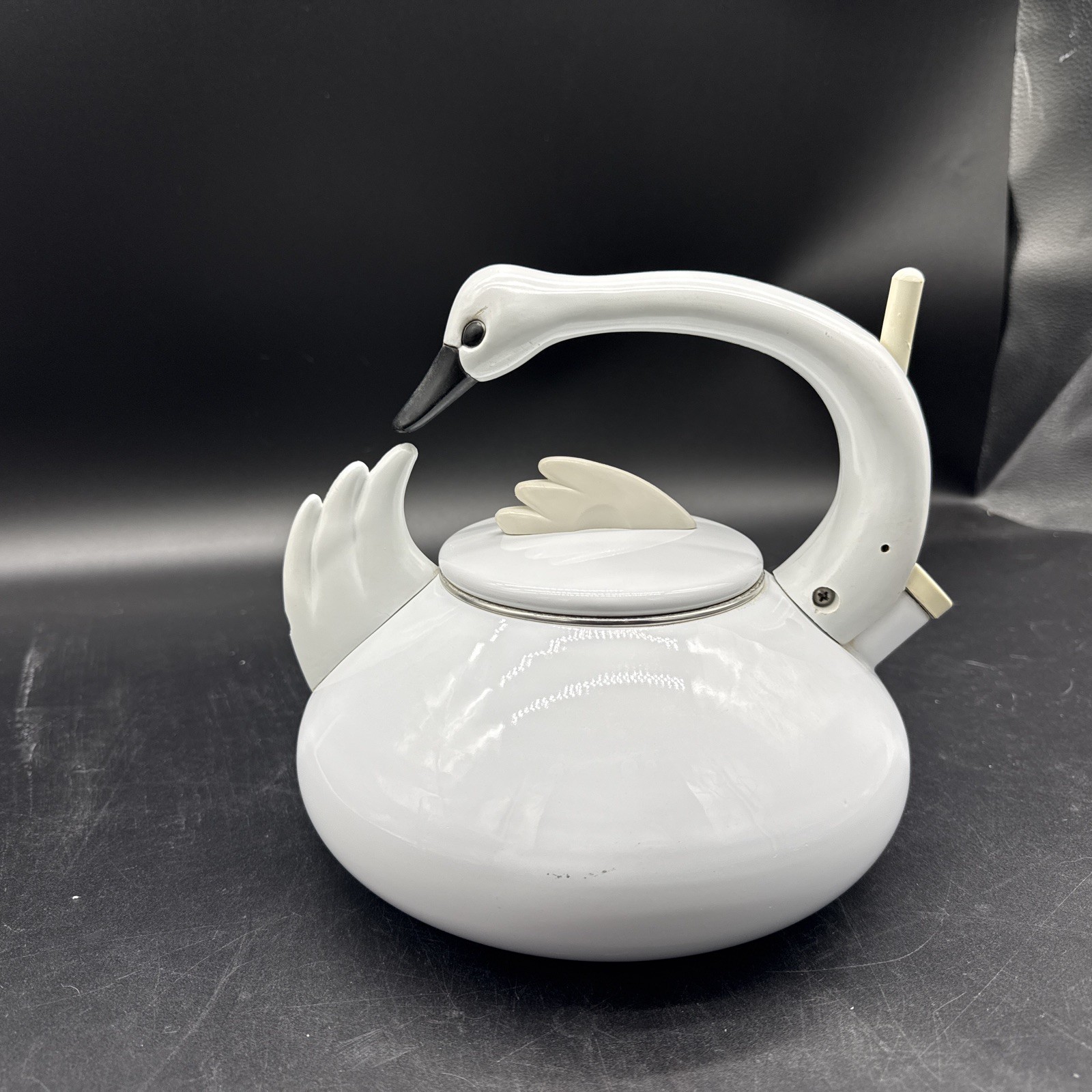 Vintage 90s Swan Whistling Tea Kettle M. Kamenstein White Enamel Teapot