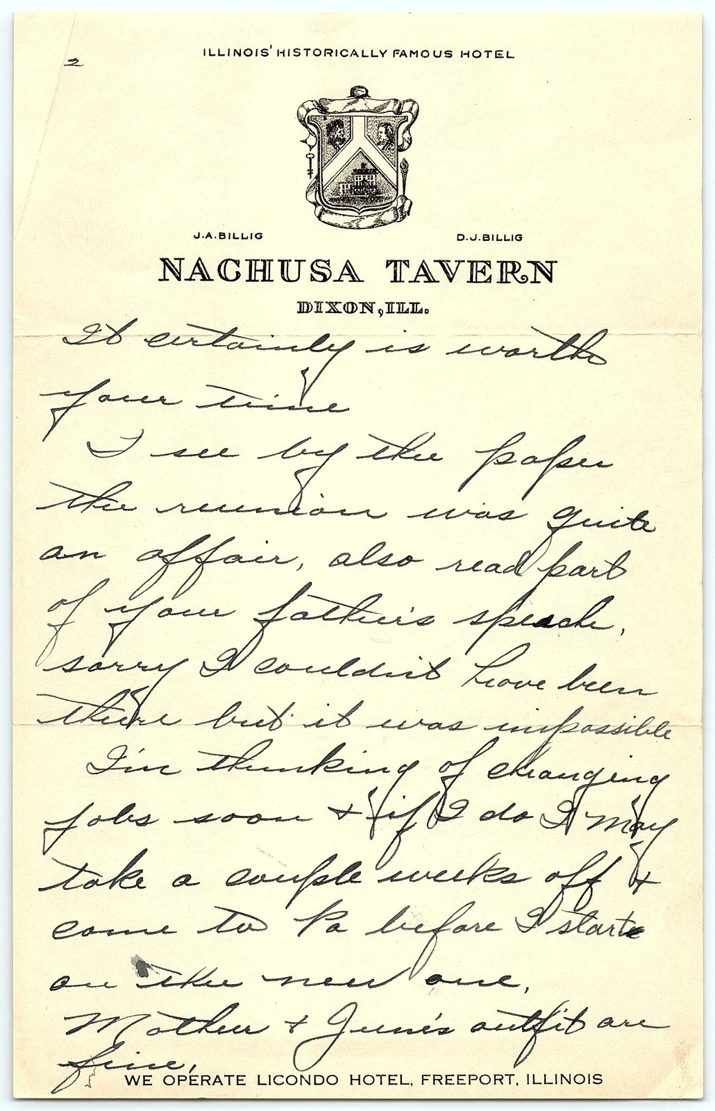 Vintage Nachusa Tavern Dixon IL letterhead handwritten lette