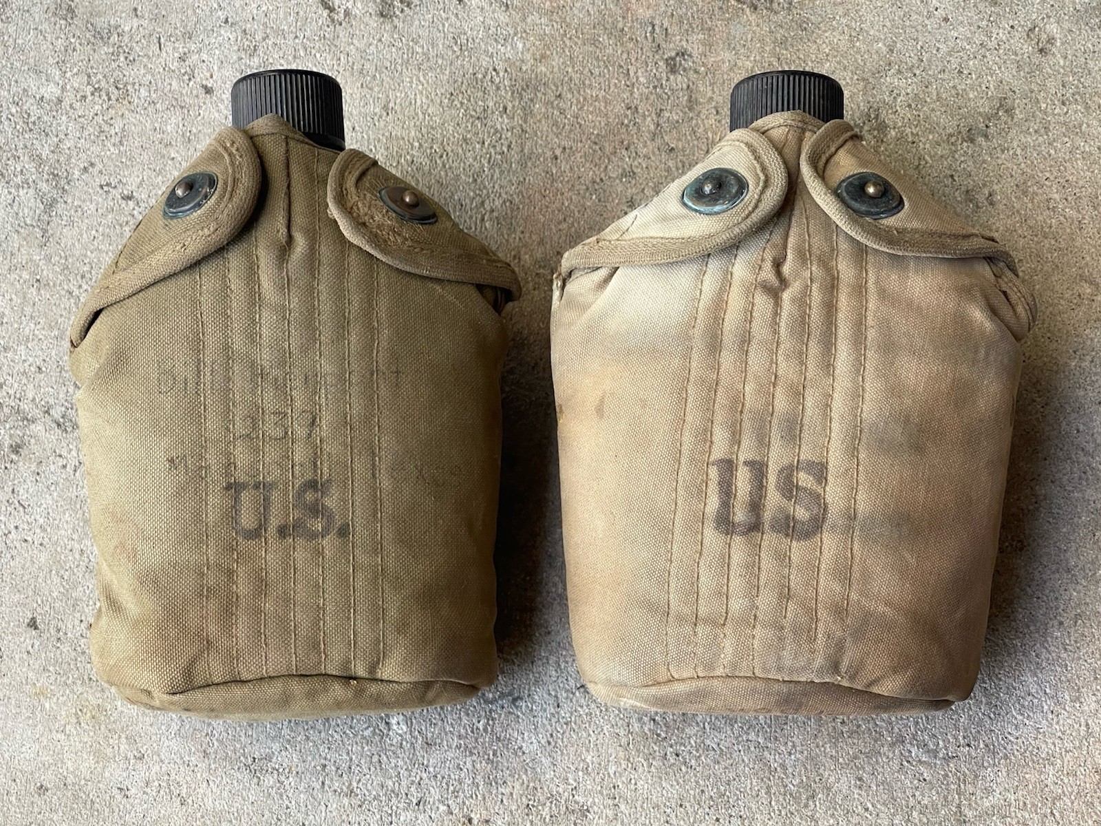 PAIR WW2 US Army M1910 Canteen 1944 W/covers NAMED isued nice aluminum NO cups