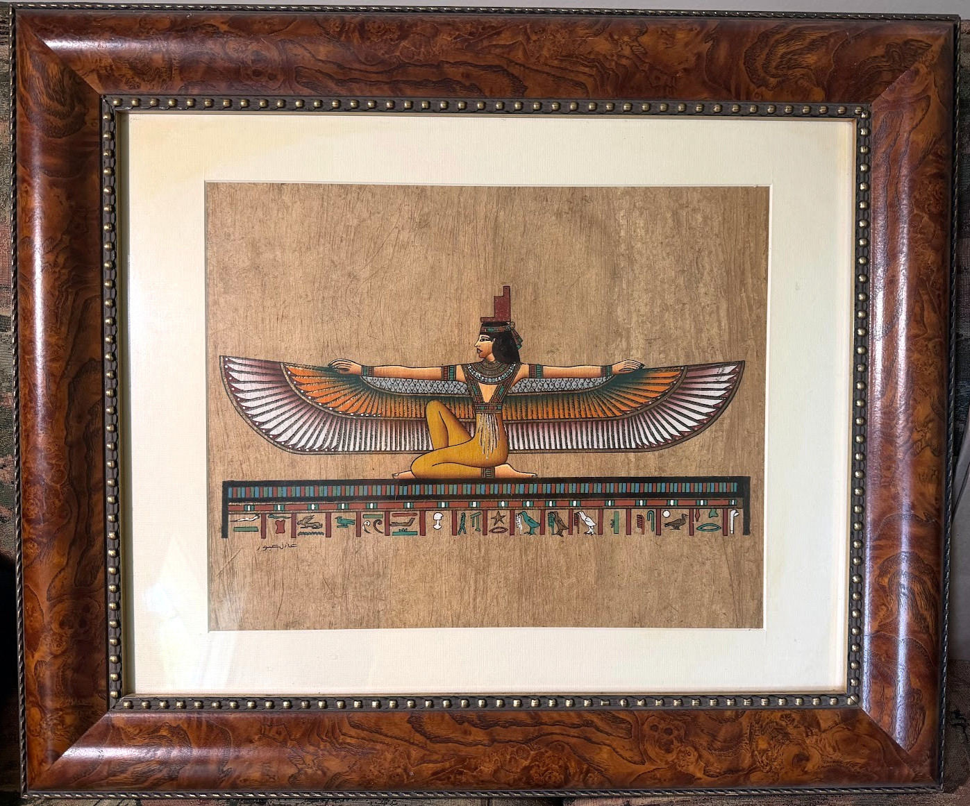 Signed Egyptian Papyrus Winged Goddess Painting 21x25 Framed arts-Adel Ghabbour