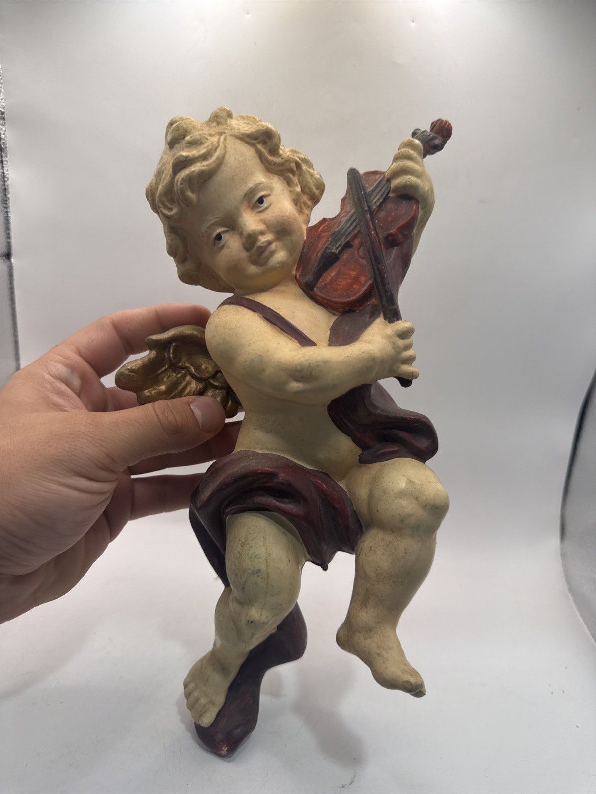 Vintage Cherub Angel Musician Christmas Ornament Molded Plastic 11\