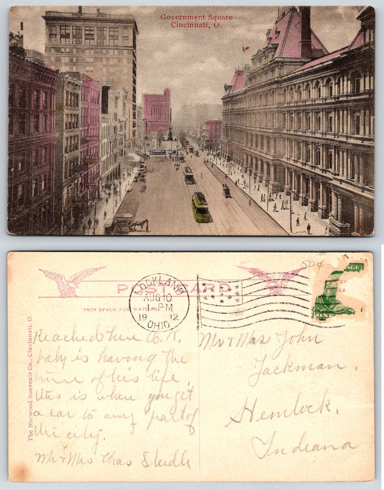 Cincinnati Ohio GOVERNMENT SQUARE TROLLEY SIGNAGE 1912 Postcard U32