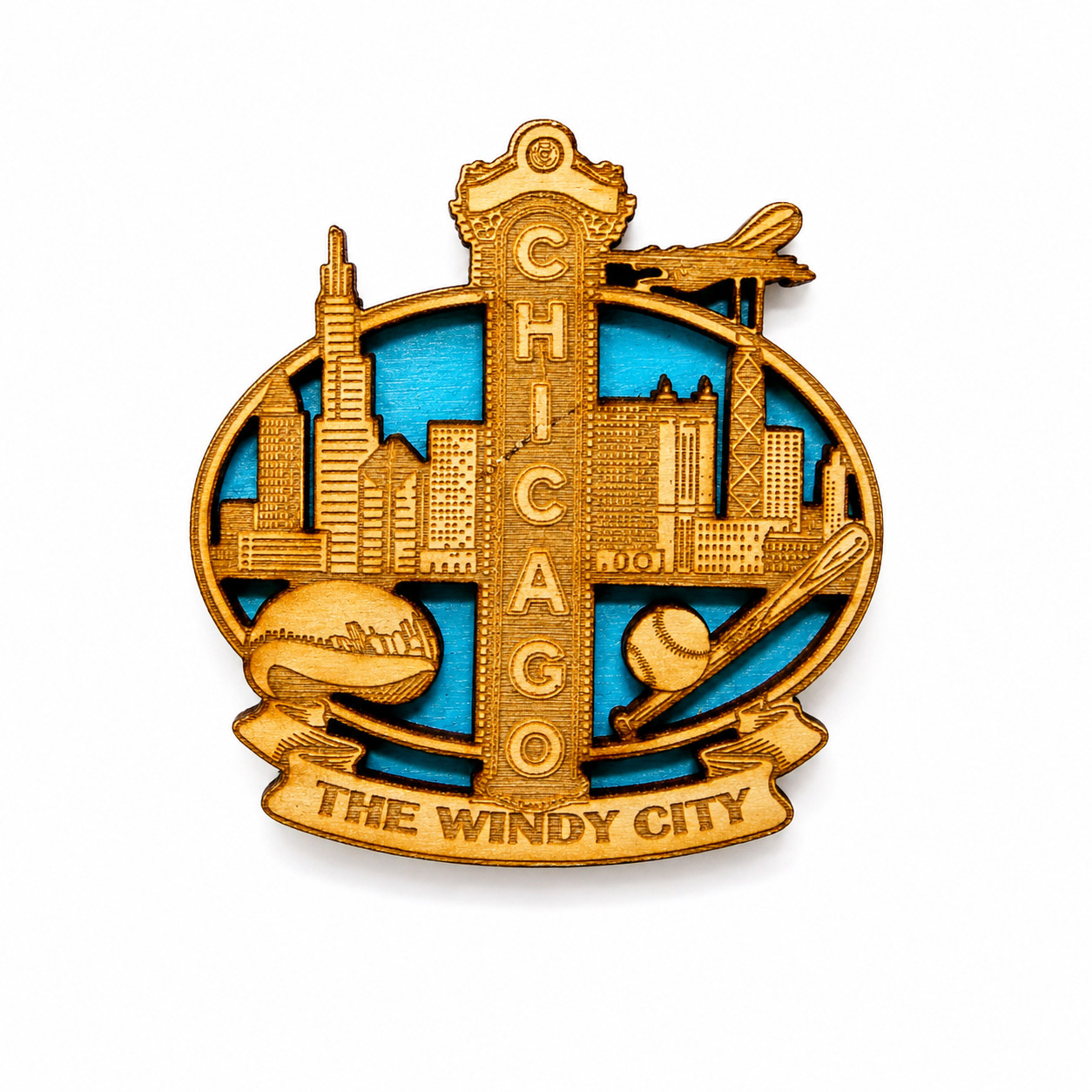 Chicago The Windy City Wood Carved Refrigerator Magnet Souvenir