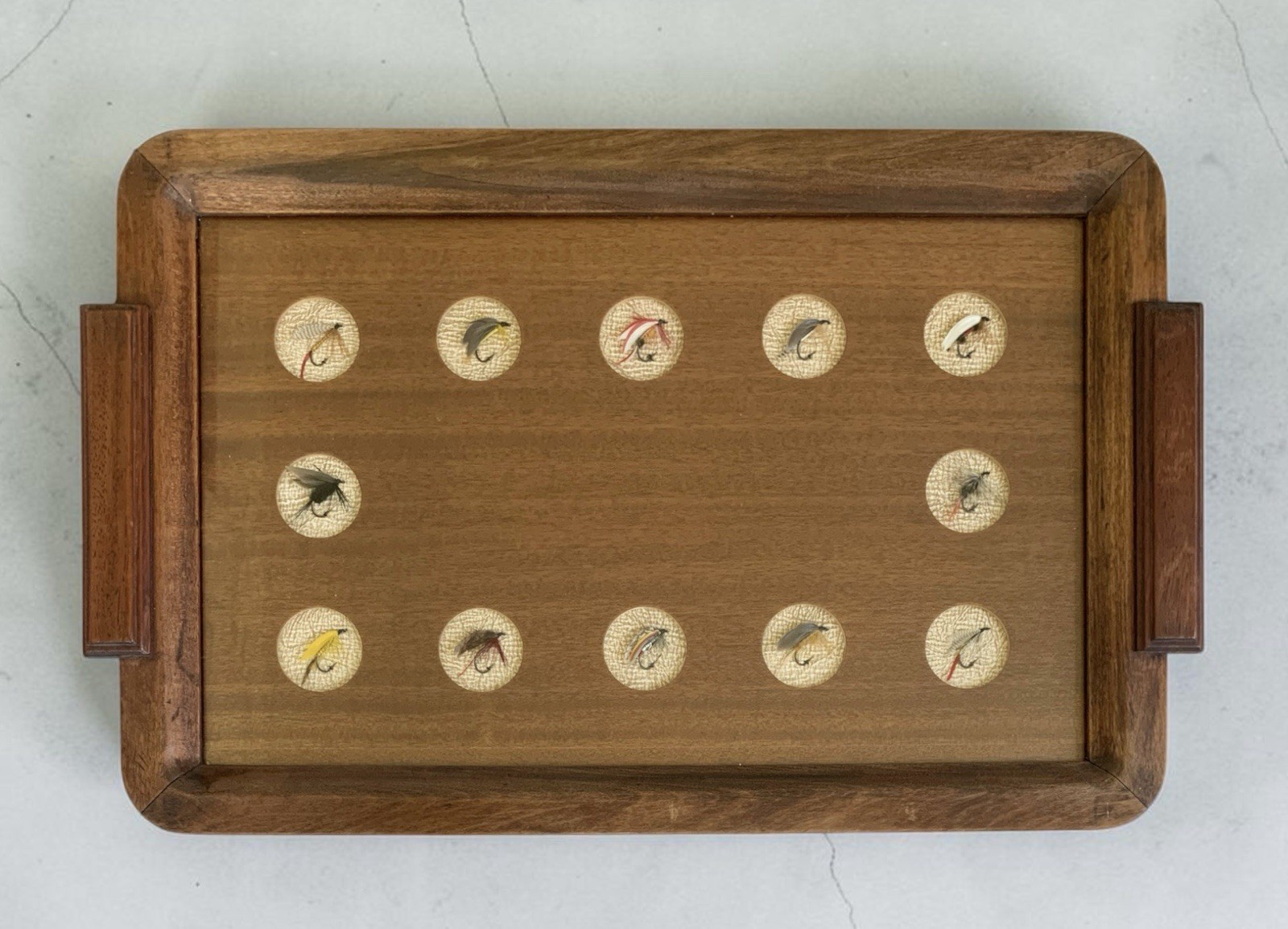 Vintage Fly Fishing Tied Flies Rare Wooden Serving Tray Hunting Lodge Cabin