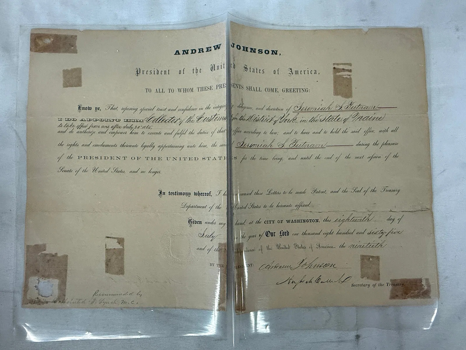 Andrew Johnson 1865 Signed Presidential Appointment Document Collector of Custom