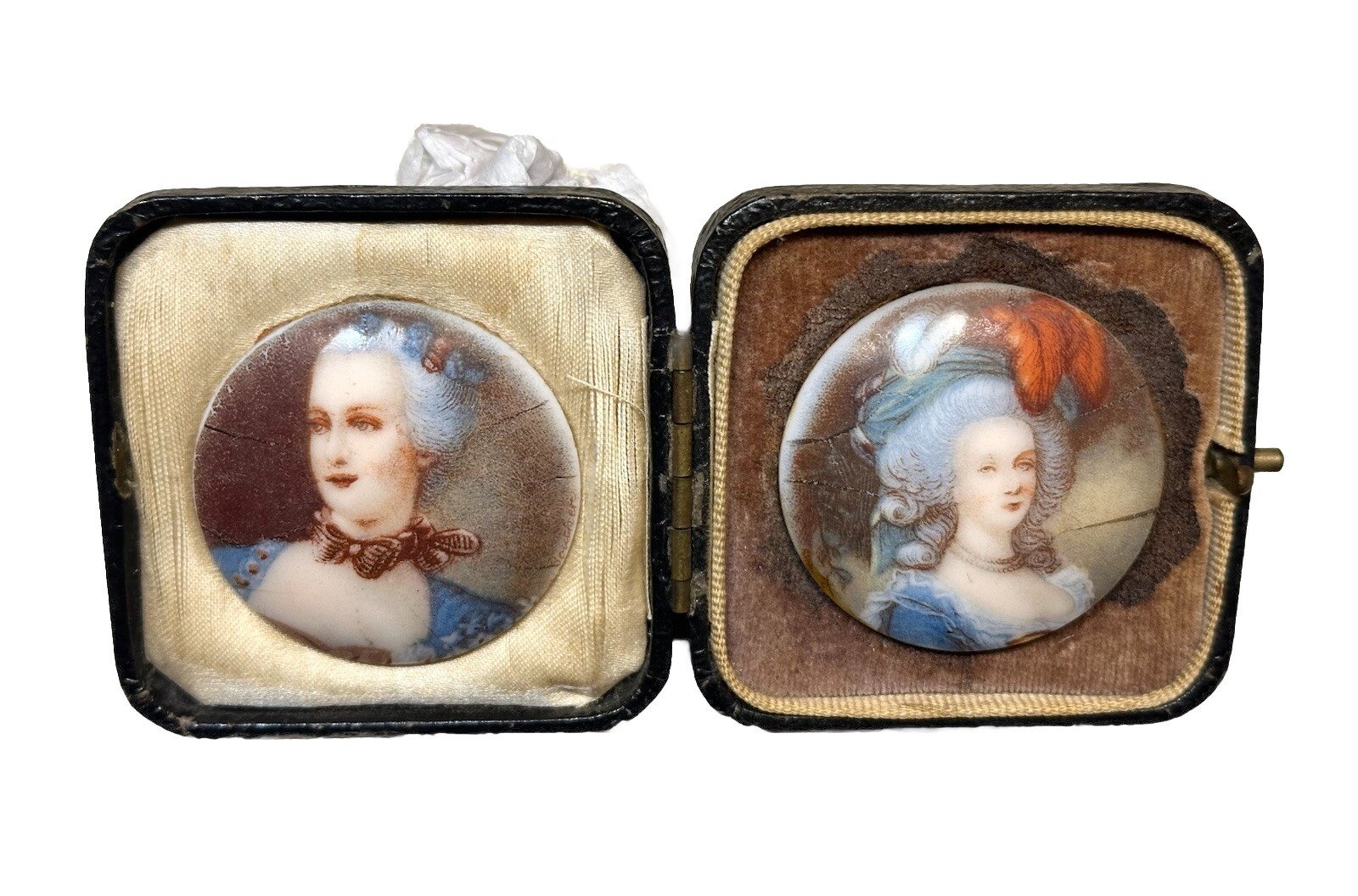 2 Antique Vintage 19C Miniature Hand Painted Porcelain Royal Woman Portrait Case
