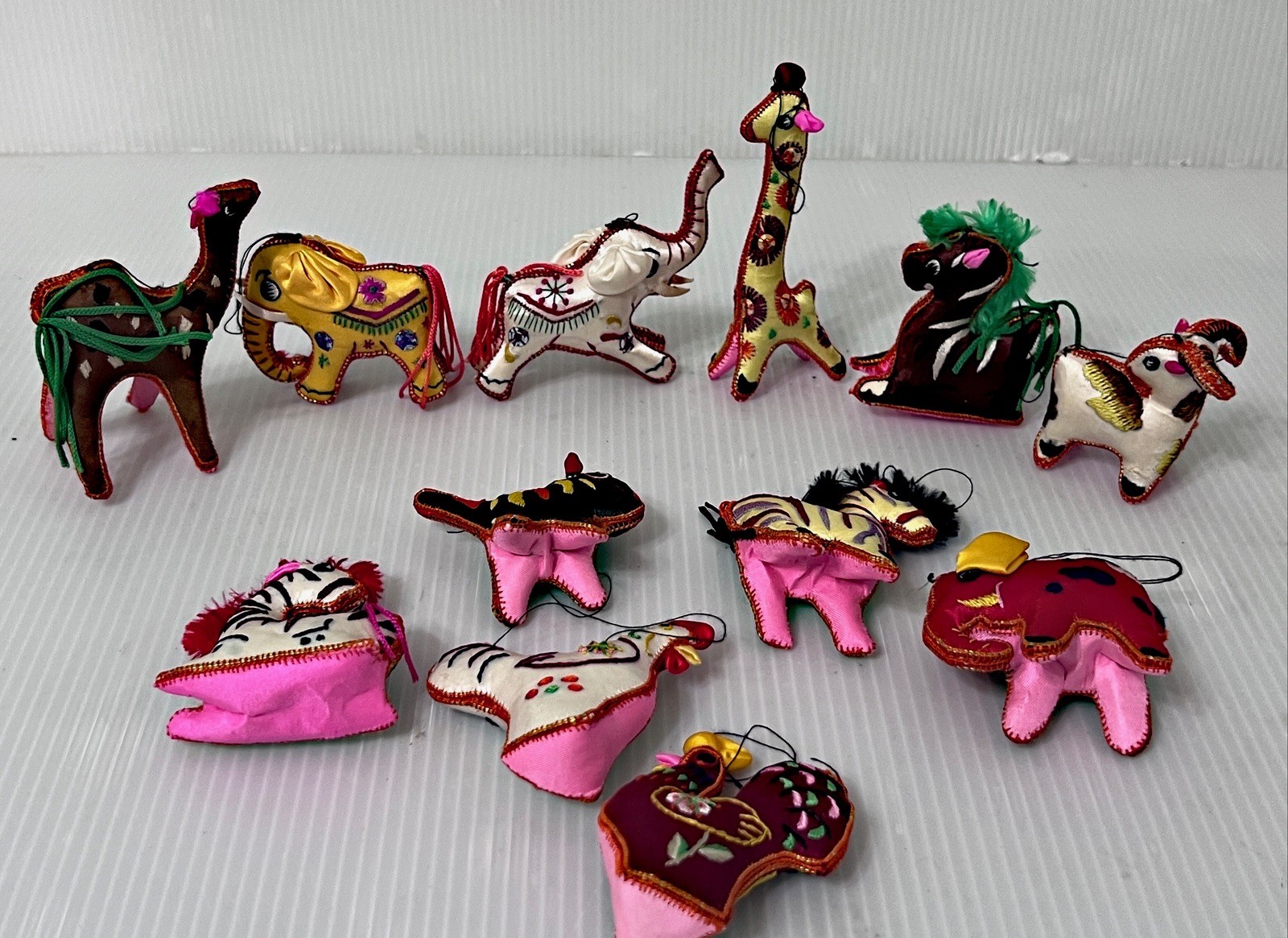 Vntg mid-century Chinese satin and silk embroidered stuffed animal ornaments 12