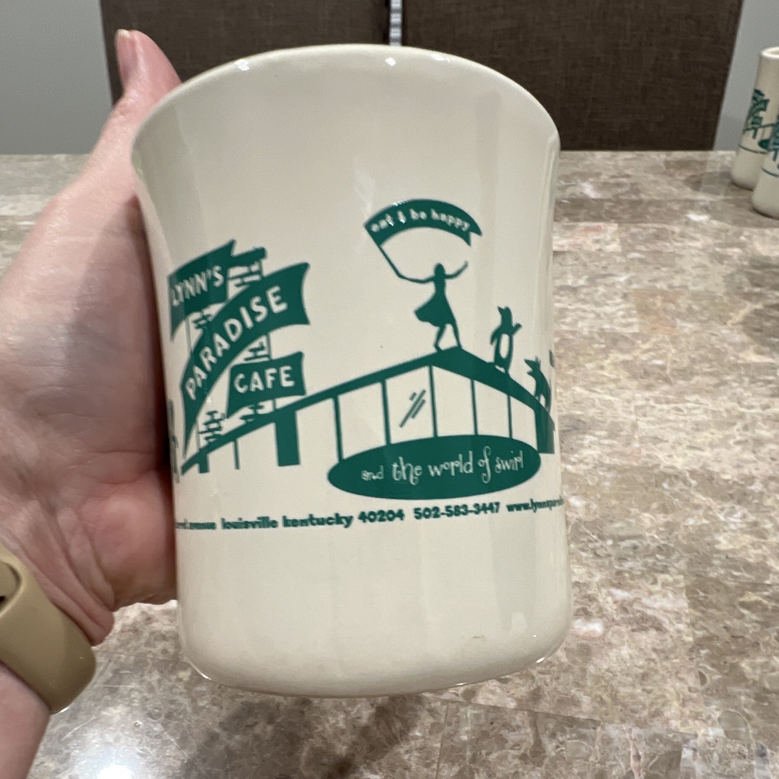 Iconic Lynn\'s Paradise Cafe Single White/Green Logo Coffee Mugs Louisville KY