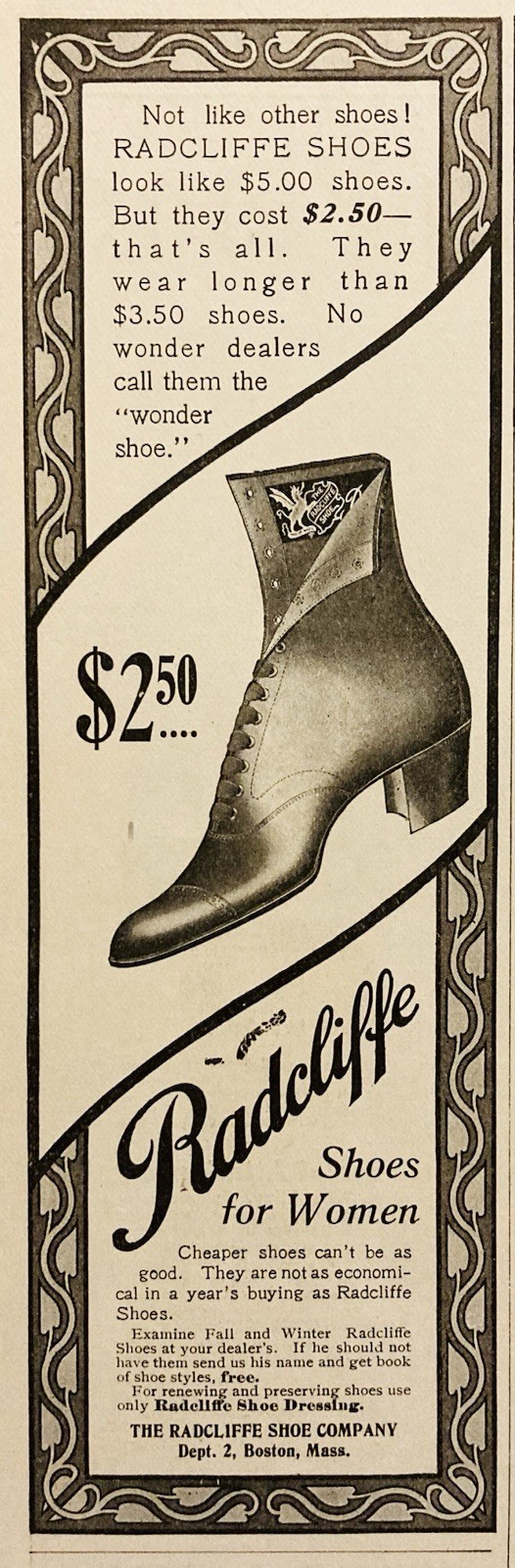 1902 AD.(N8)~THE RADCLIFFE SHOE CO. BROCKTON, MASS. SHOES FOR WOMEN