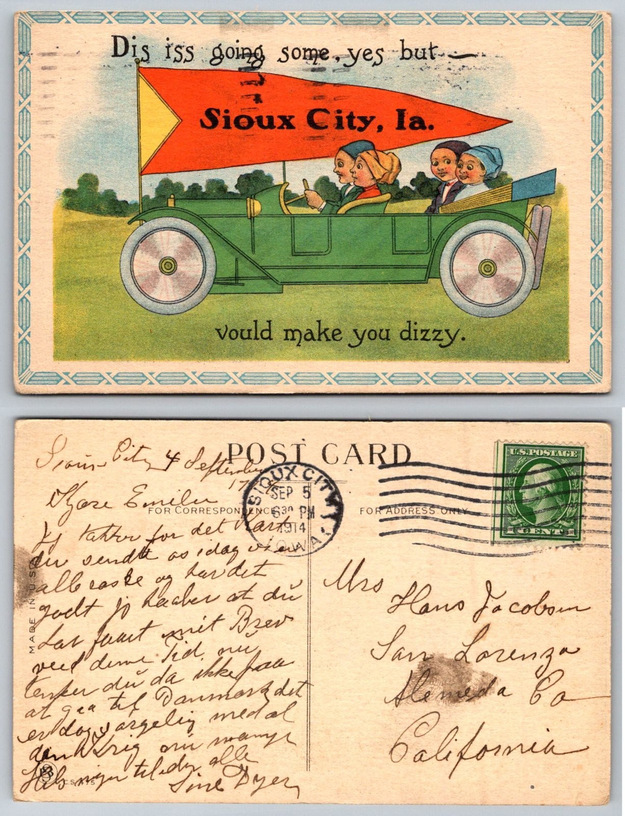 Sioux City Iowa Comic Car Dis iss going some Postcard