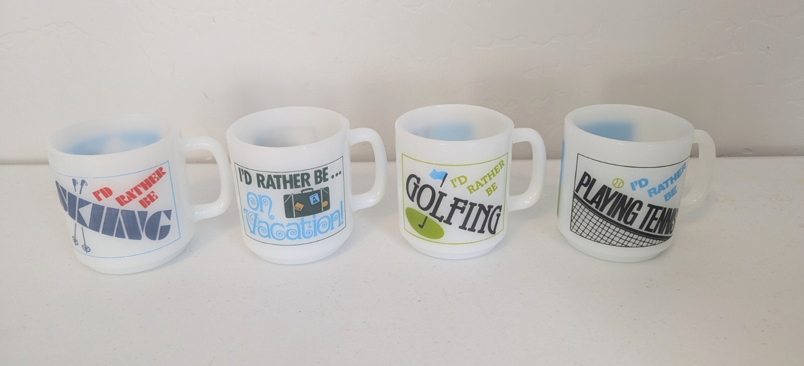 4 Vintage Glasbake Milk Glass Coffee Mugs I\'d Rather Be Vacation Golf Ski Tennis 4 Vintage Glasbake Milk Glass Coffee Mugs I\'d Rather Be Vacation Golf Ski Tennis