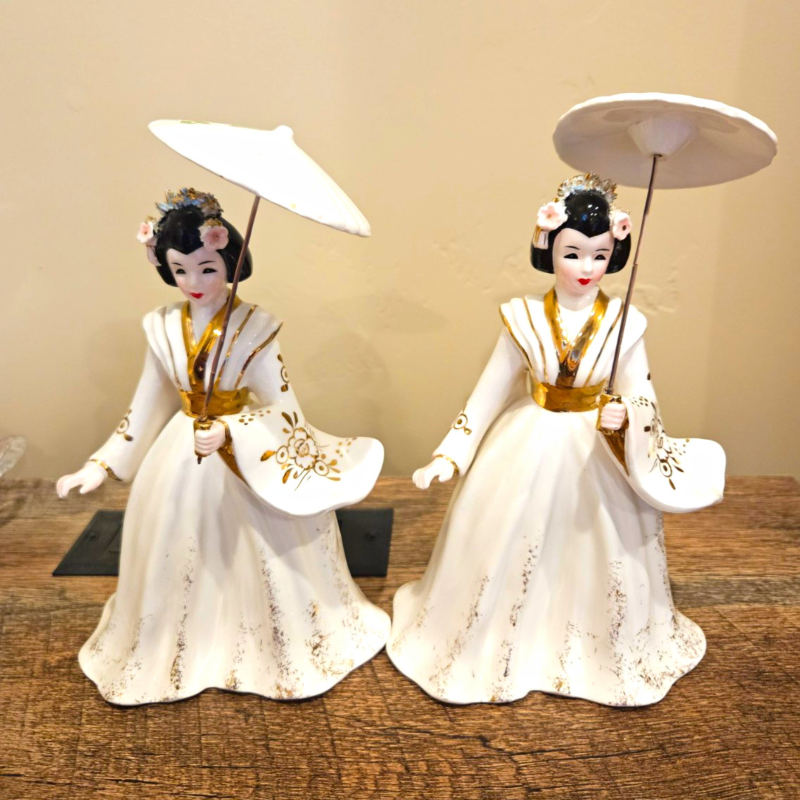 Vintage Napco Geisha Figurines Pair A2624 White Gold Parasol Japan Mid Century