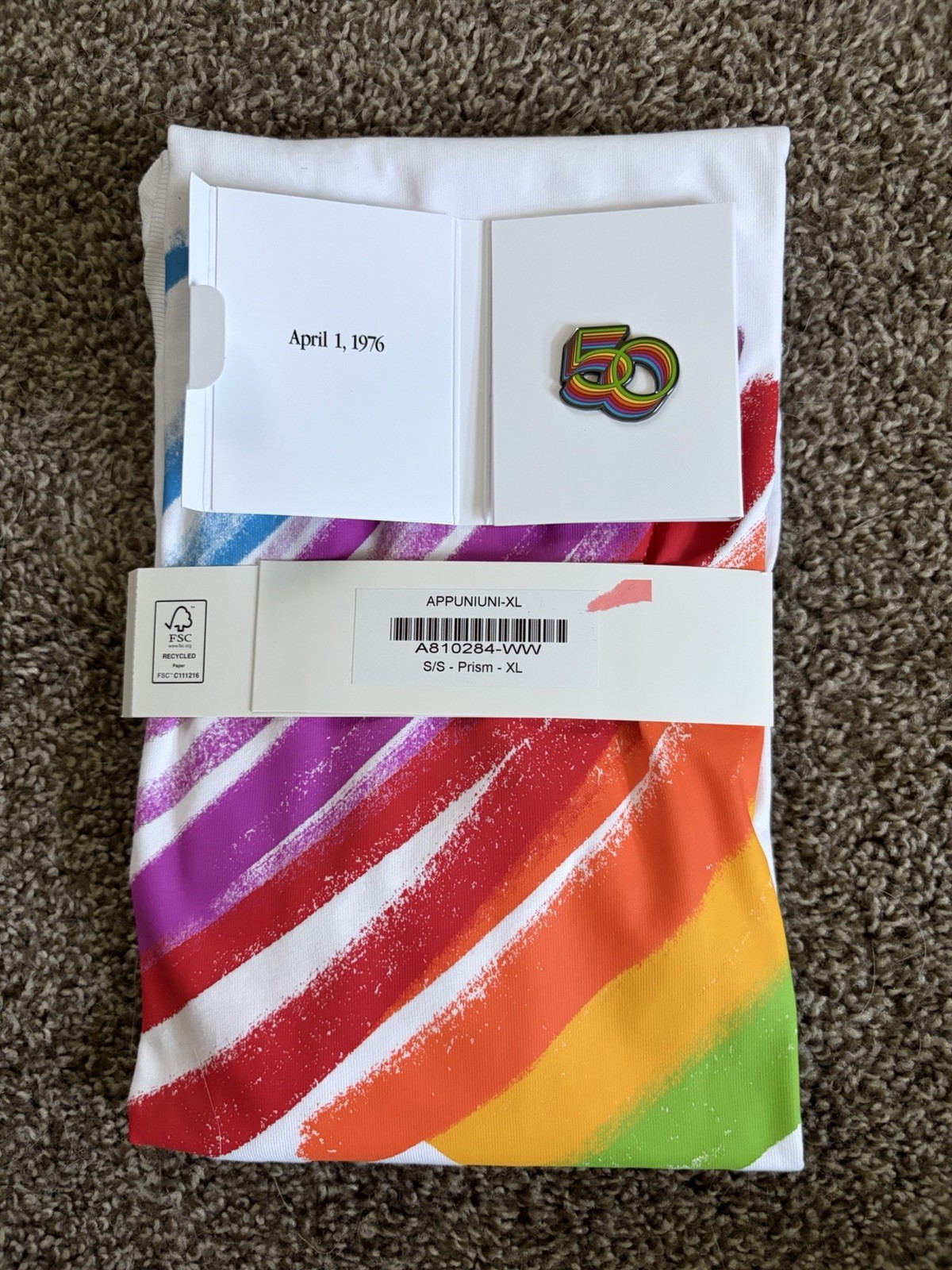 Apple 50th Anniversary Employee Exclusive Gift Set, Pin, XL Unisex shirt