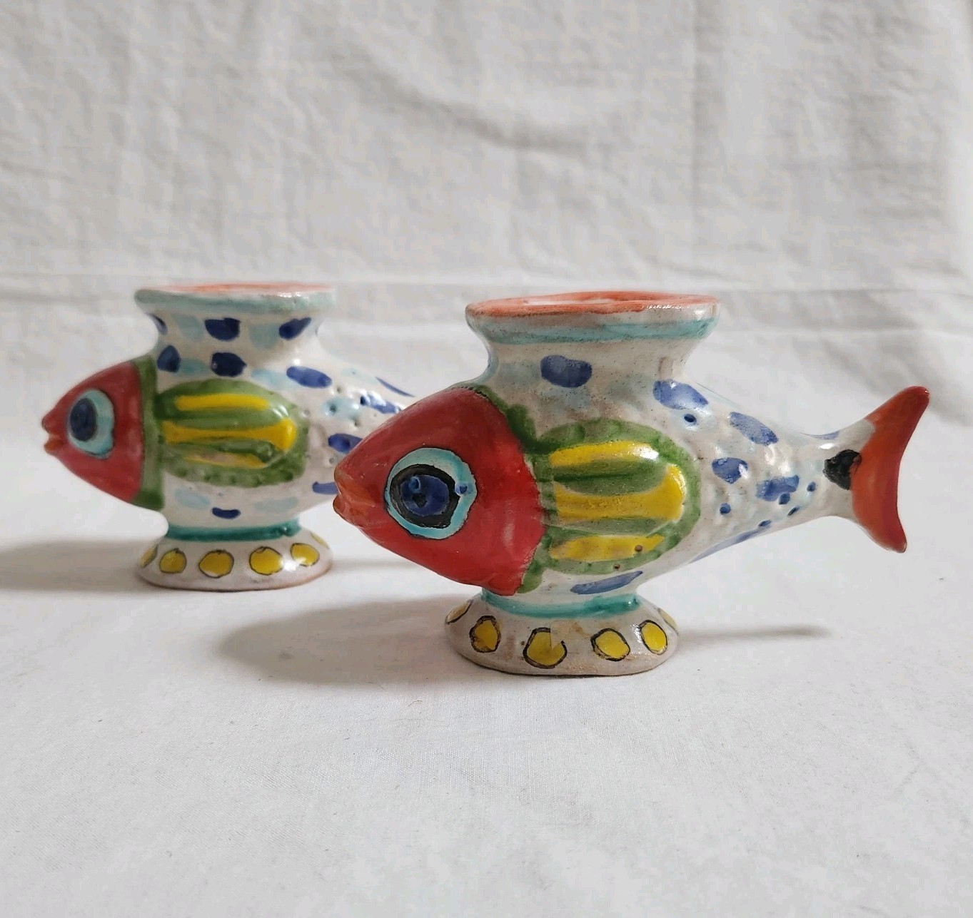 Vintage DeSimone Italian Pottery Fish Candle Holder Bud Vase Pair 3.5\