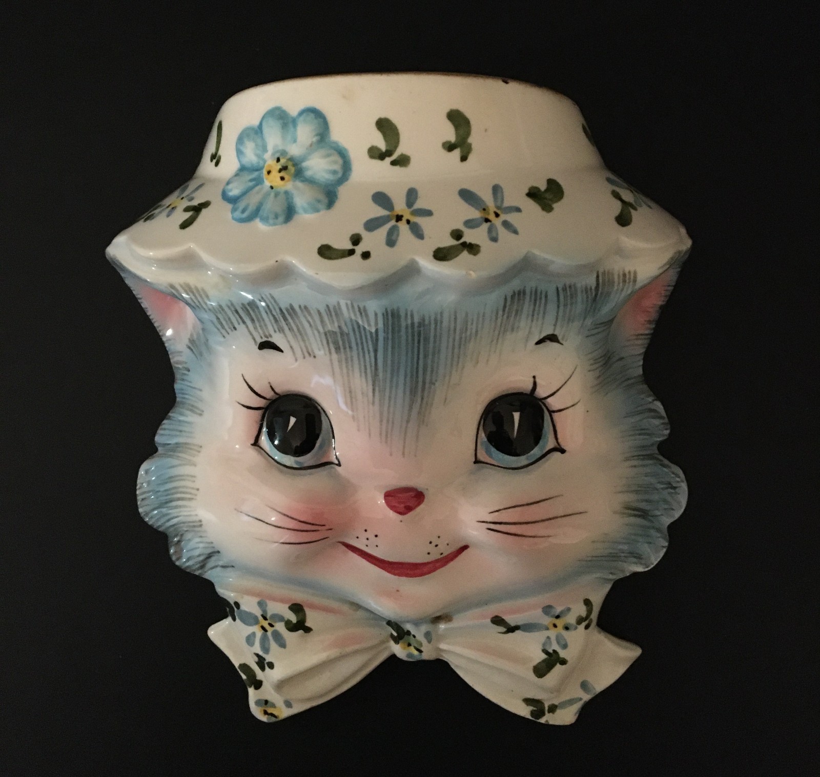 Lefton Miss Priss Anthropomorphic Blue Cat 1950\'s Wall Pocket