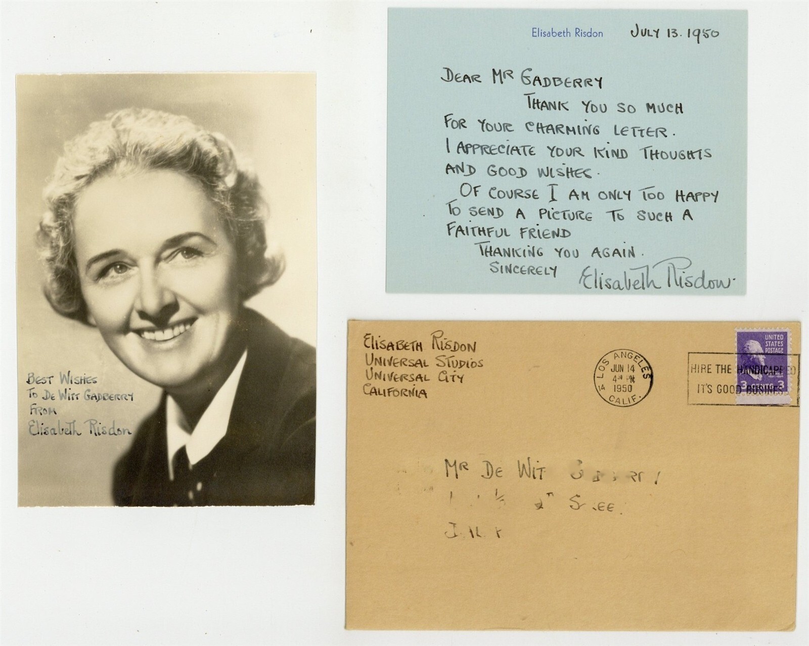Elizabeth Risdon 1950 Signed Photo, Letter, Envelope British Actress Autograph Elizabeth Risdon 1950 Signed Photo, Letter, Envelope British Actress Autograph