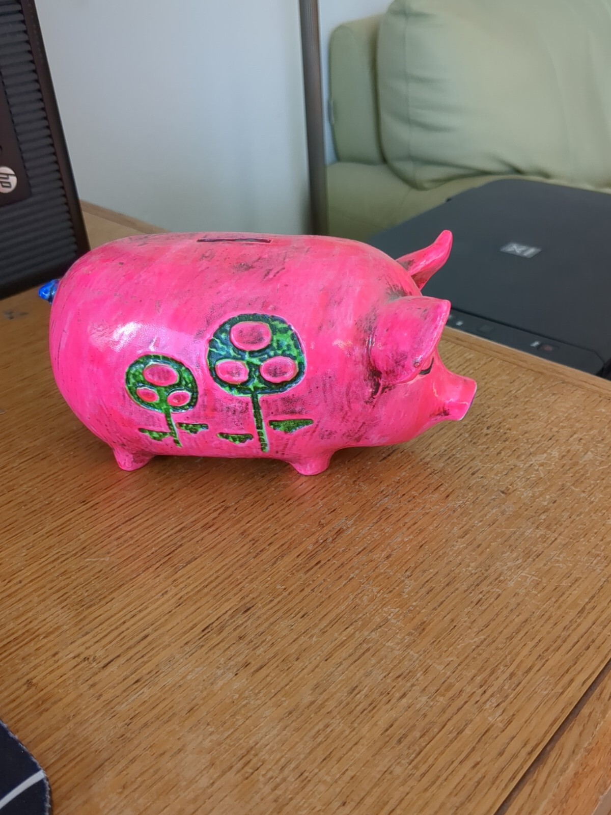 RARE Vintage 70’s Chalk Ware Pink Pig Piggy Bank Flower Power  Hippie RETRO