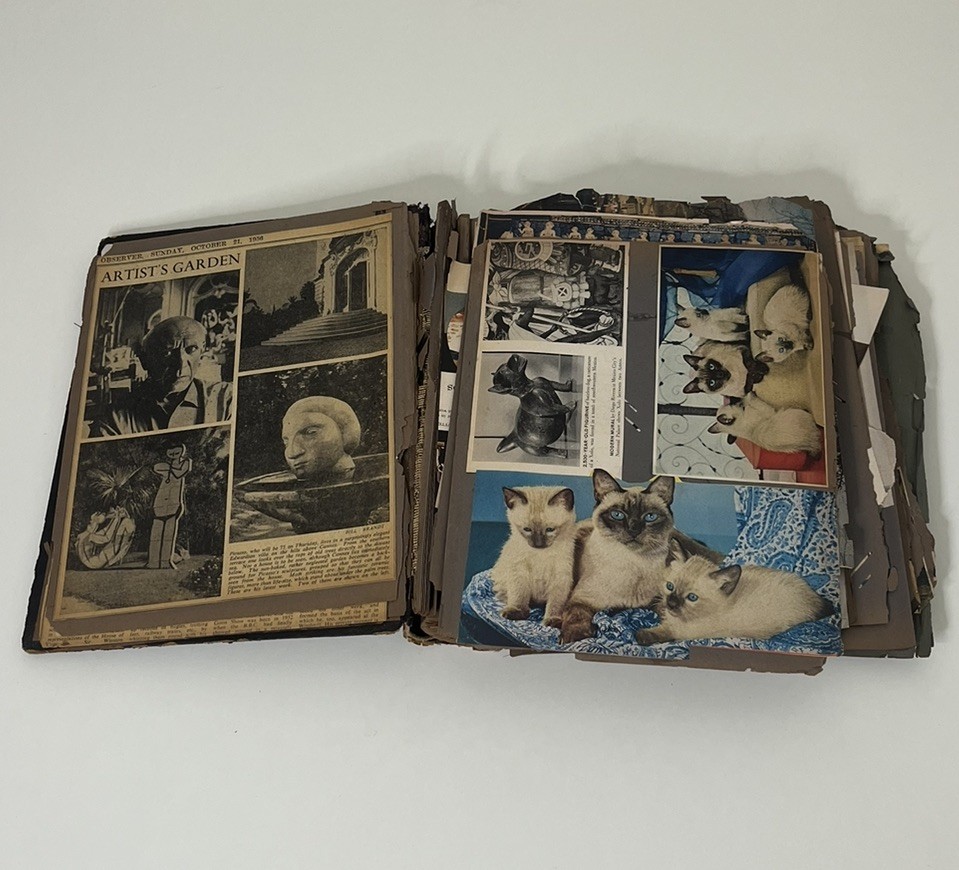 Antique 1908 Leather Album Scrapbook Ephemera Picasso Bardot Jazz Ads Prints VTG