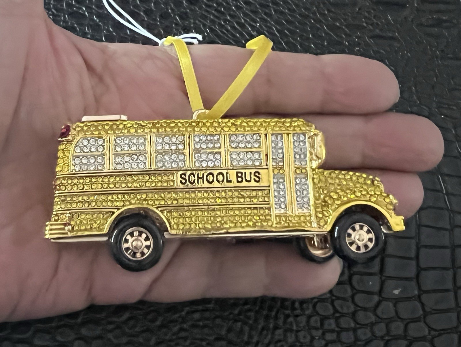 Piper K Yellow School Bus Shaped Ornament Encrusted w/ Yellow & White Crystals