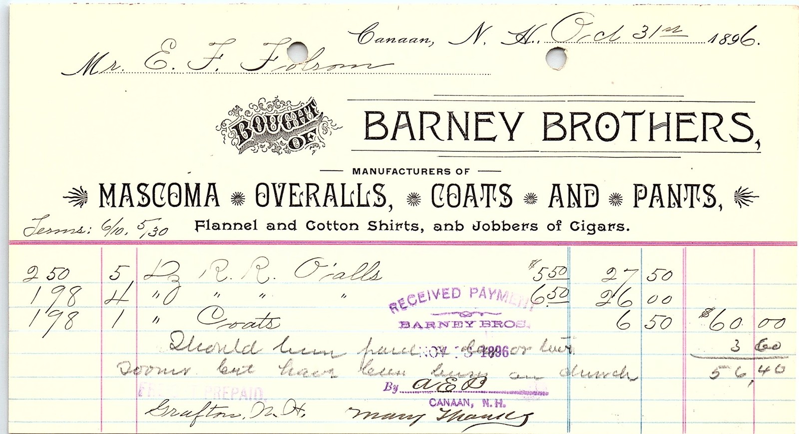 1896 Barney Brothers Canaan, NH clothing store billhead