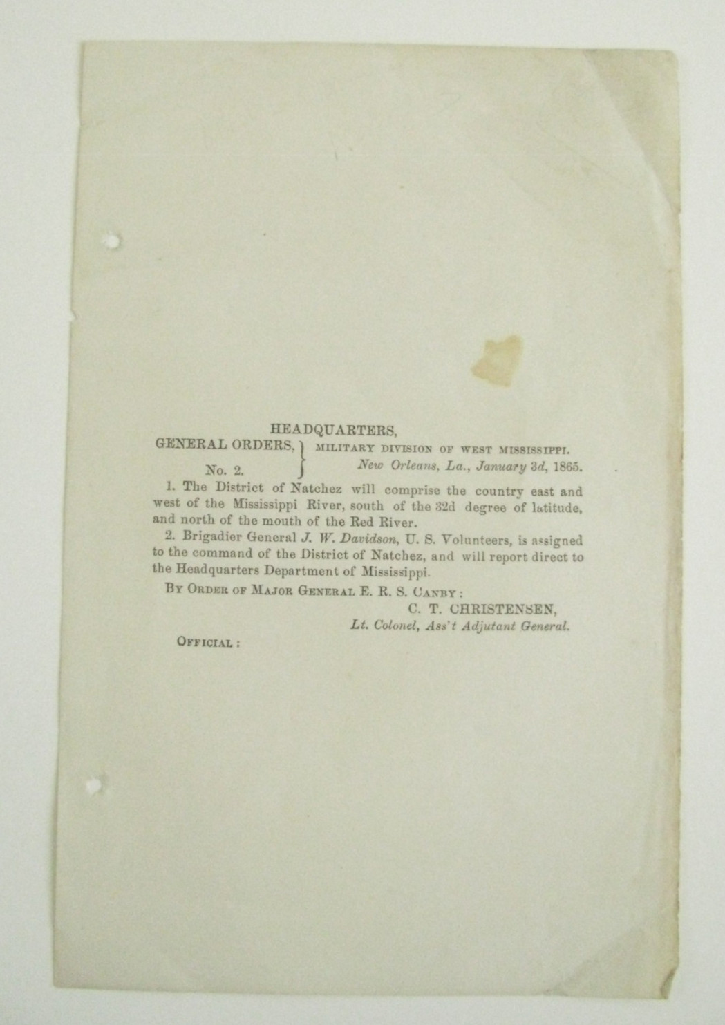 CIVIL WAR NATCHEZ MISSISSIPPI BLACK JACK DAVIDSON COMMAND ORDER 1865