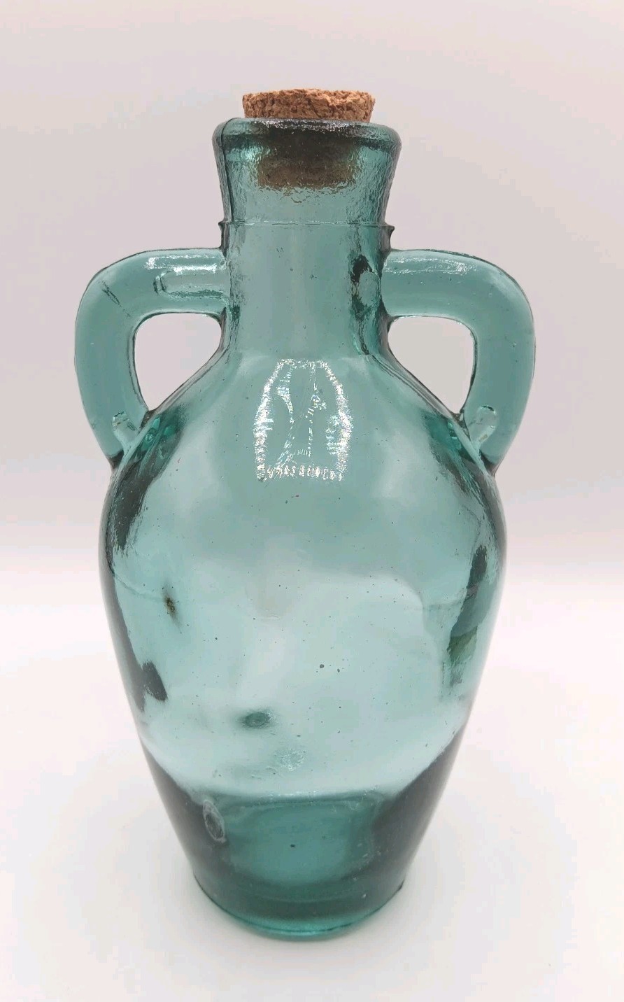 Antique c1900 Aqua Mediterranean Style Glass Jug Bottle With Cork  Stopper 7.5\