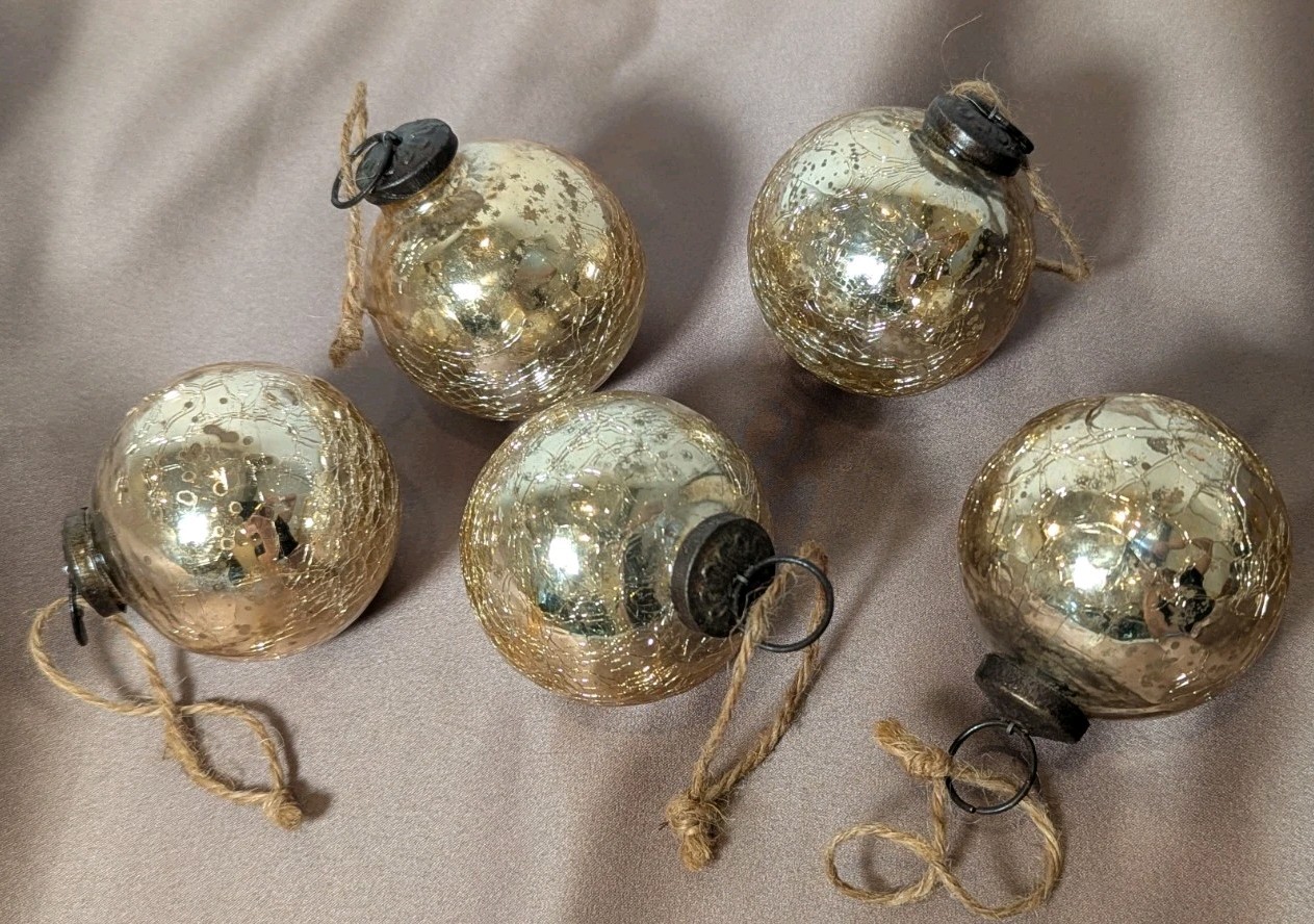 x5 Vintage Gold Crackle Kugel Style Ball Heavy Glass Christmas Ornaments