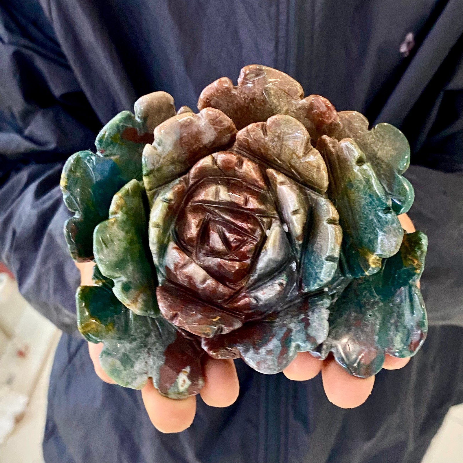 1.21LB Natural Ocean Jasper Peony Flower Carving Crystal Healing Home Ornament