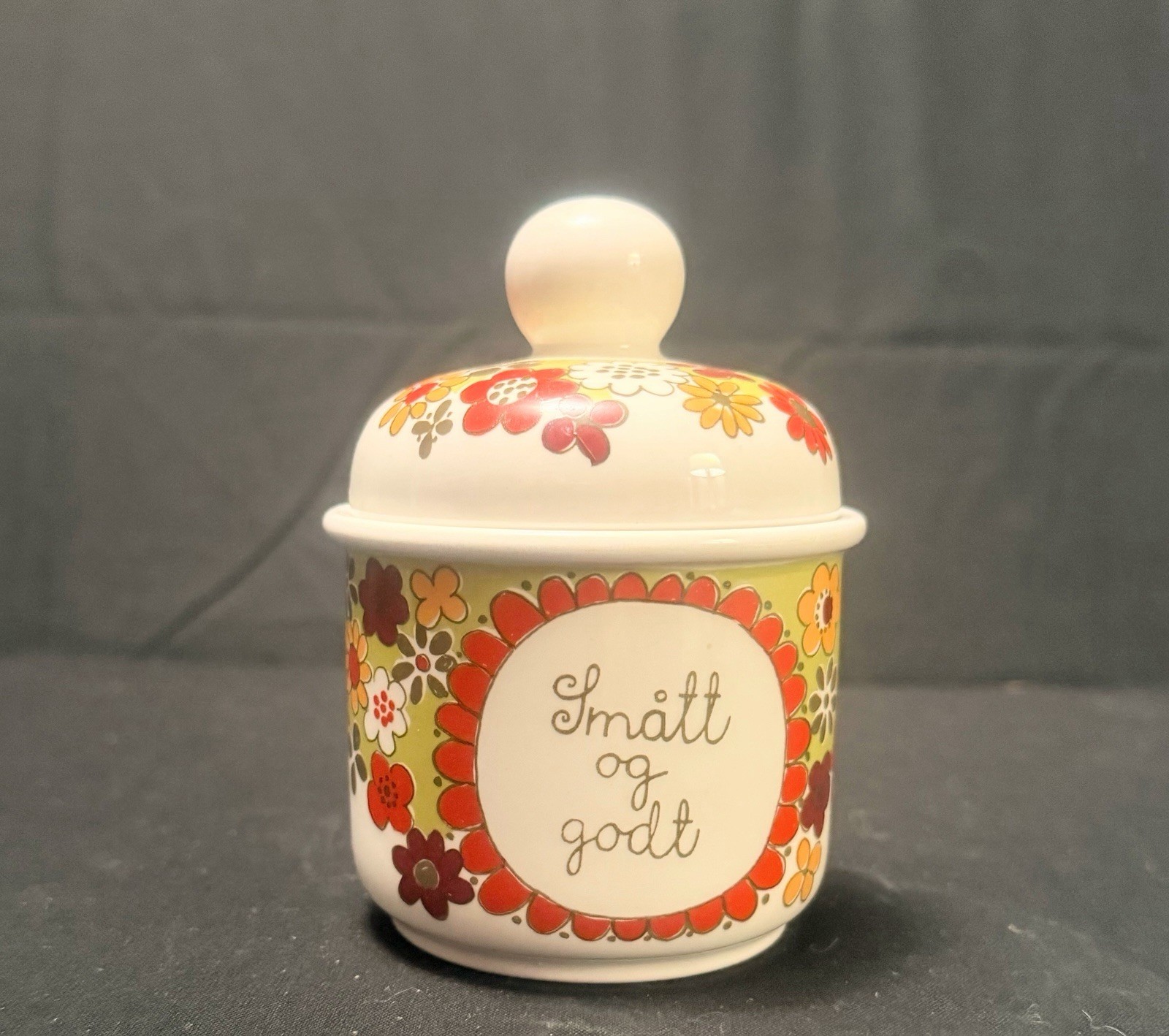 Figgjo Flint Folklore Salt Jar SMALT OG GODT Norway 1970\'s flowers Turi Gramstad