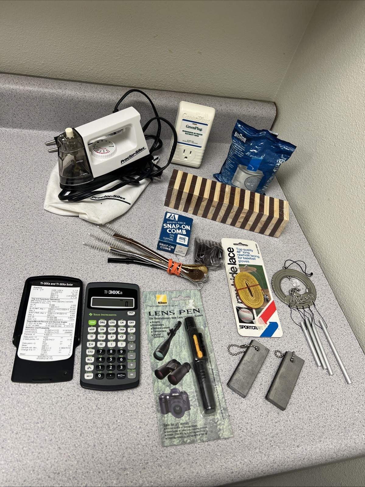 Vintage junk drawer lot- Fire Starters, Lens Pen, Mini Jenga, Calculator & More