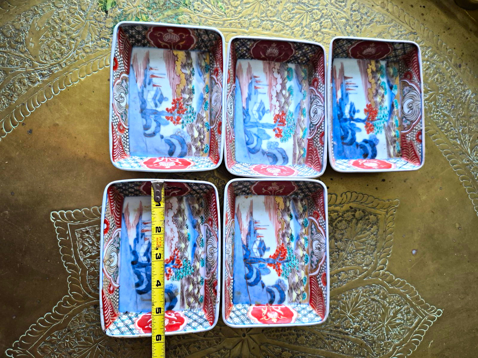Set of 5 Japanese Imari/Arita Style Rectangular Porcelain Dishes Handmade
