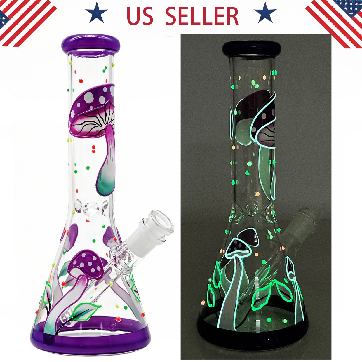 Hookah 10IN Glow in Dark Glass Bongs Water Pipes Smoking Beaker bong w/14mm bowl