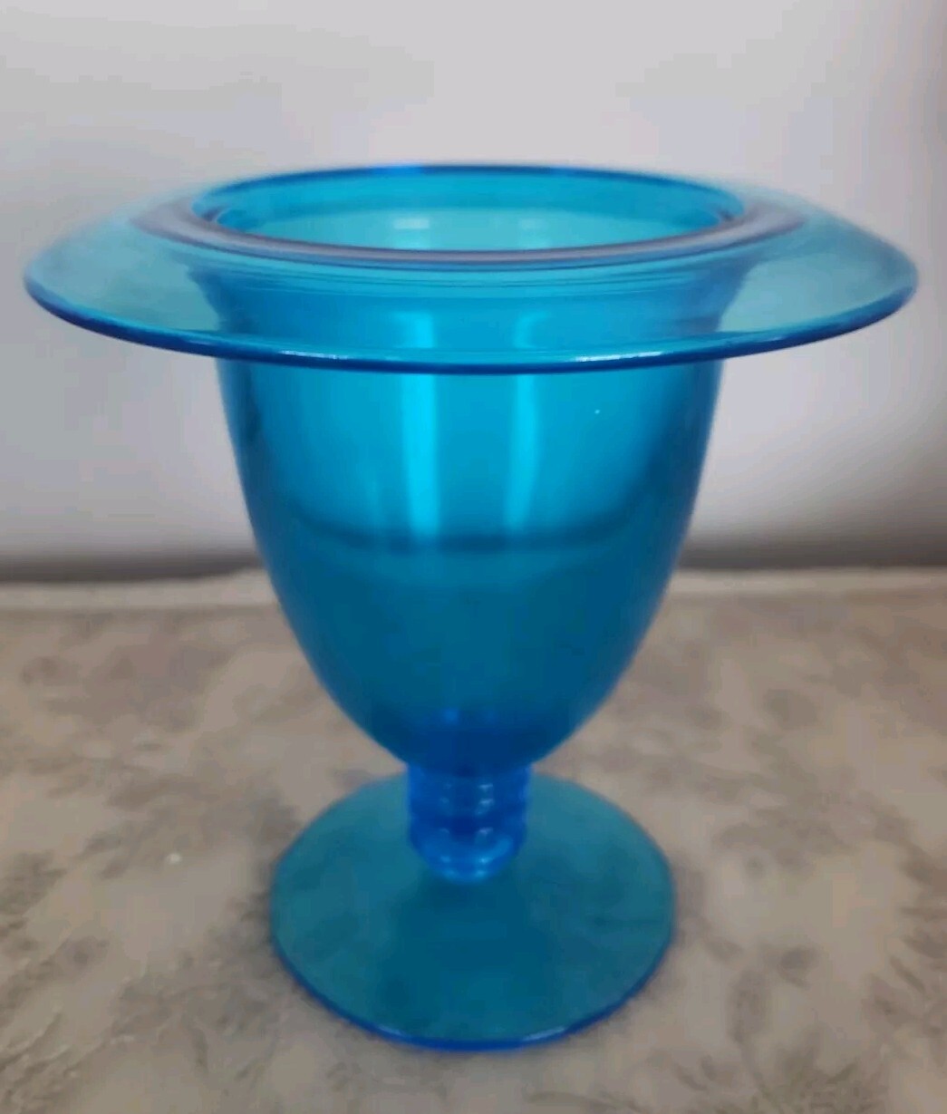 Vtg Pedestal Aqua Blue Glass Round Candy Dish Pedistal 5