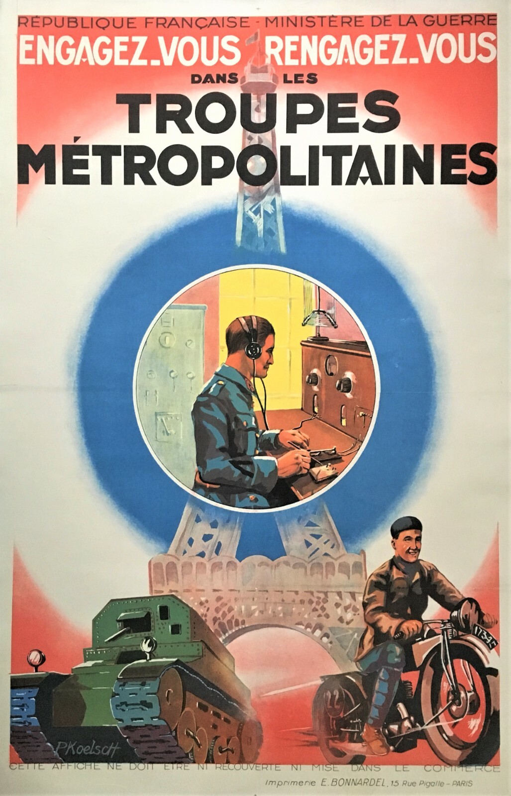 Original French 1920s Recruiting Poster for Troupes Metropolitaines