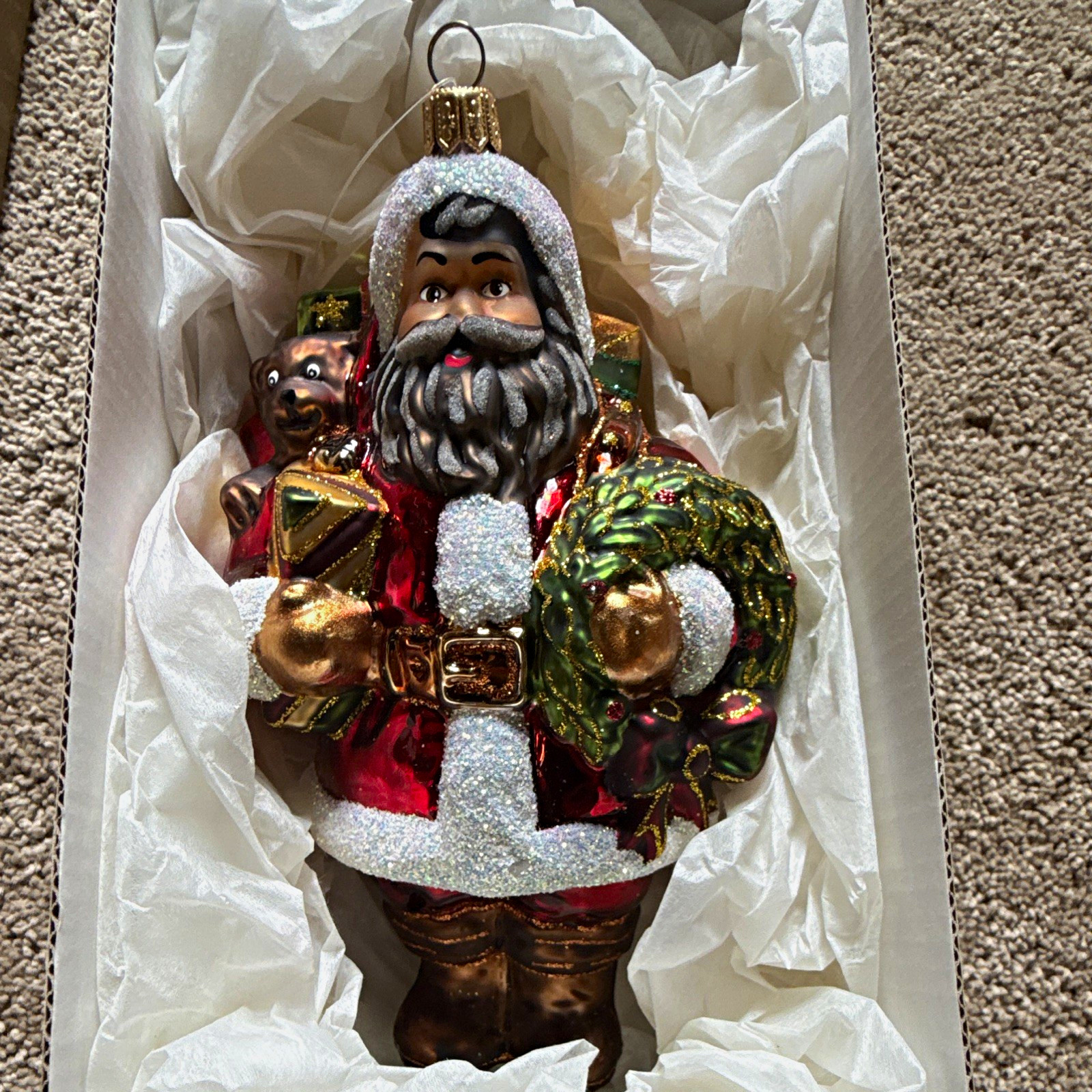 Dillard's Trimmings Santa Claus Glass Christmas Ornament Glitter Poland