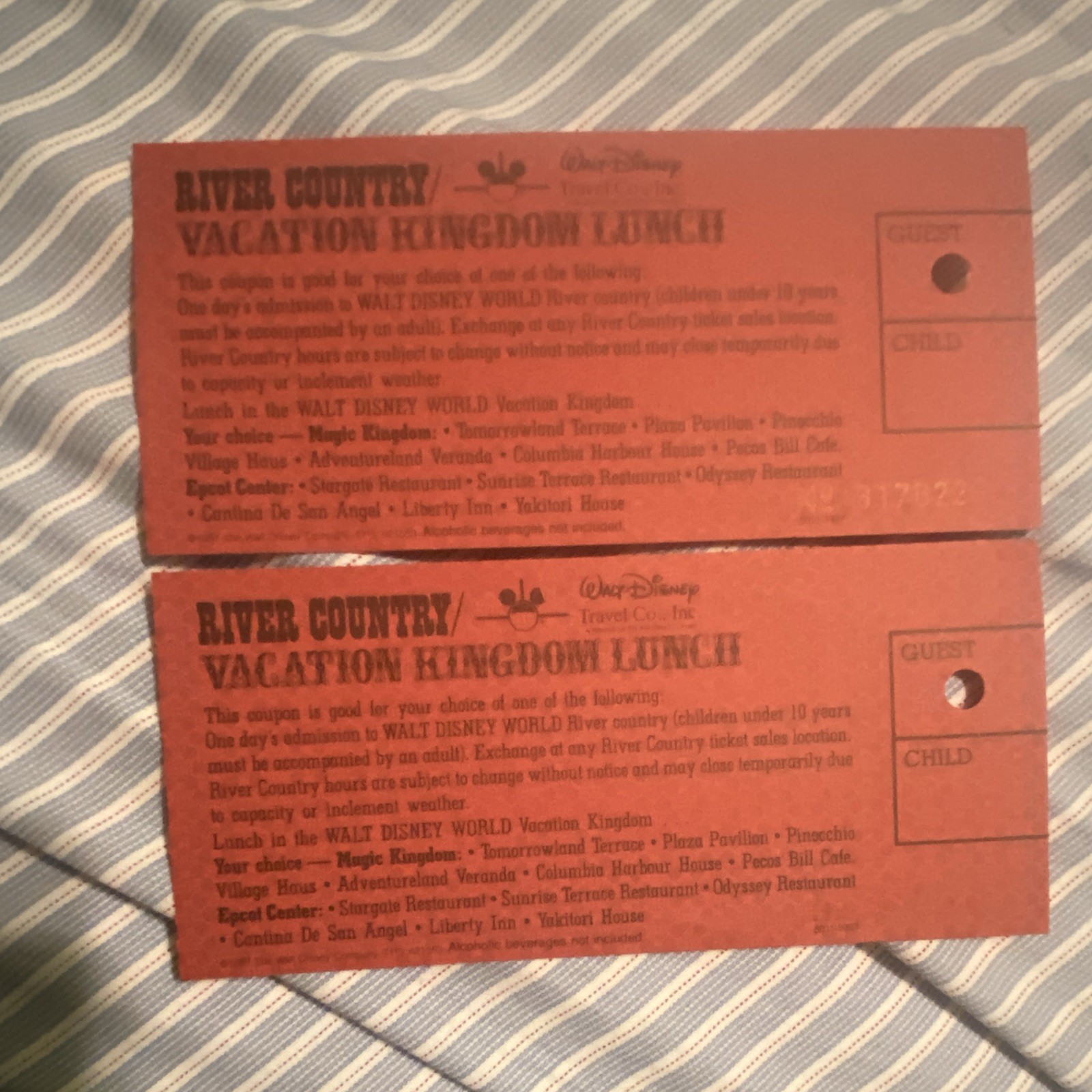 1986 Walt Disney Travel Co. Disney River Country Lunch Coupons Guest/Child (2)