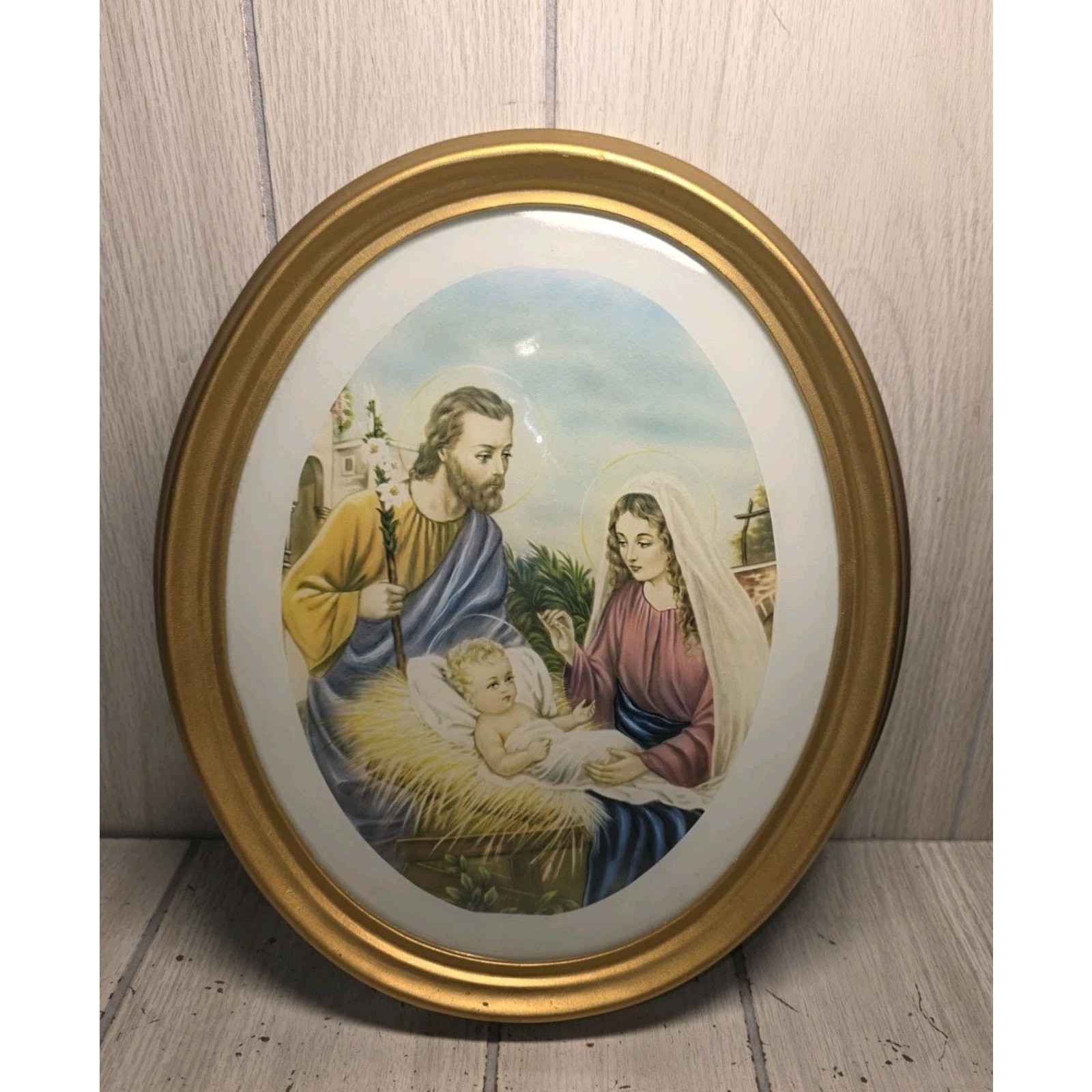 Vtg Oval Gold Framed Holy Family Print Religious Mary Joseph Jesus Nativity
