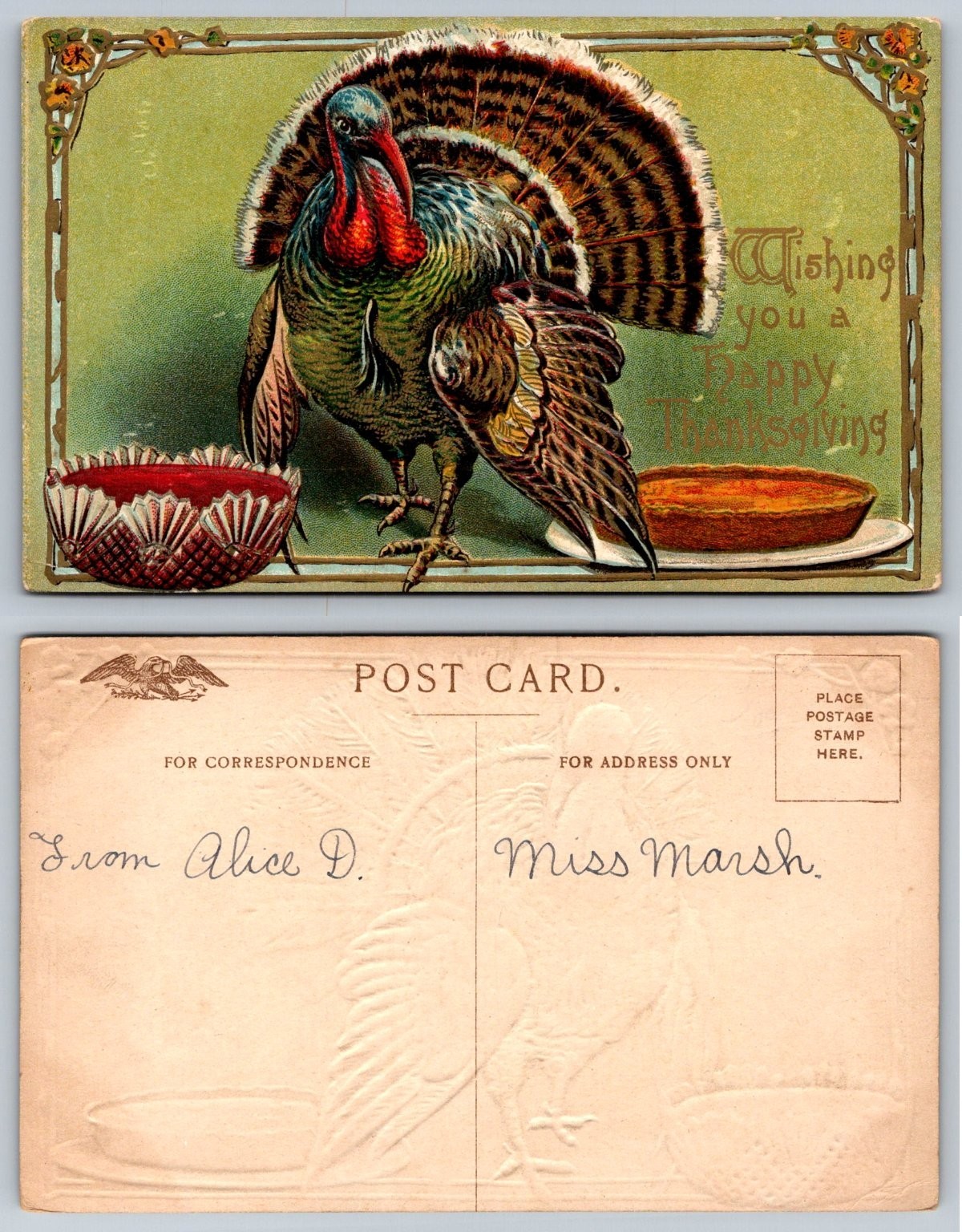 Vintage Embossed Thanksgiving Turkey Postcard, Cranberry & Pie, Miss Marsh