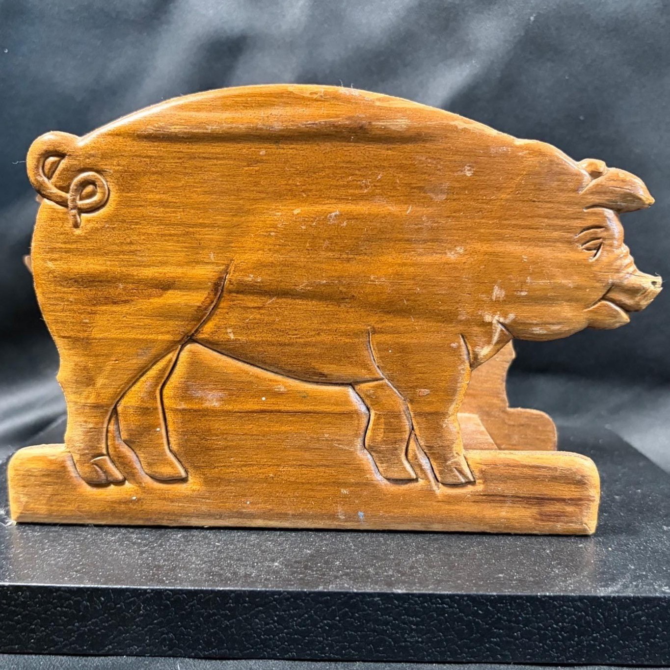 Vintage Hand Carved Wood Pig Napkin Holder Letter Rack Farmhouse Folk Art Decor